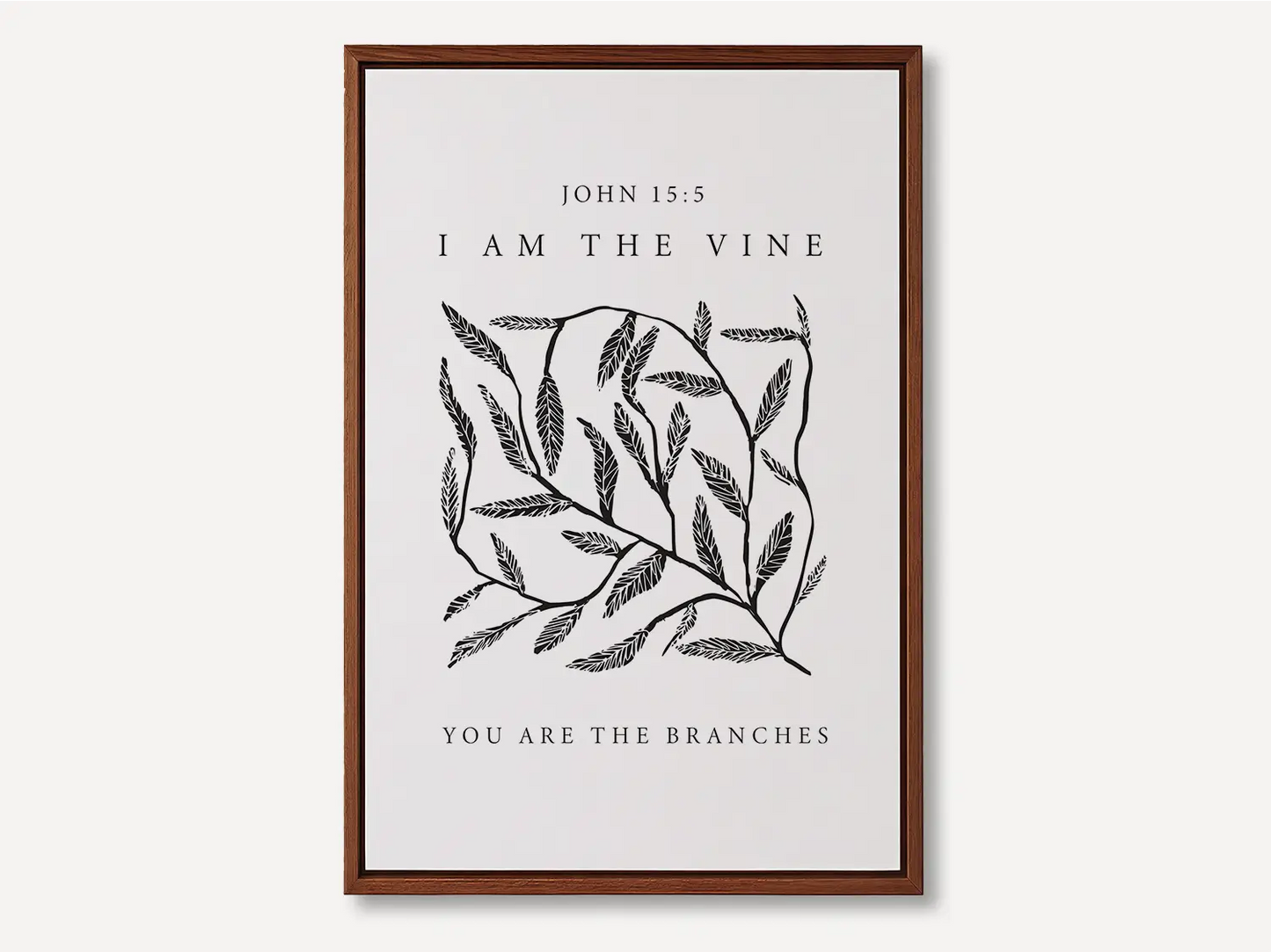 Anchor your home in the source of life and fruitfulness with this inspiring Christian canvas wall art. This framed canvas print features a modern, hand-drawn vine illustration and the essential truth from John 15:5: "I am the vine; you are the branches."