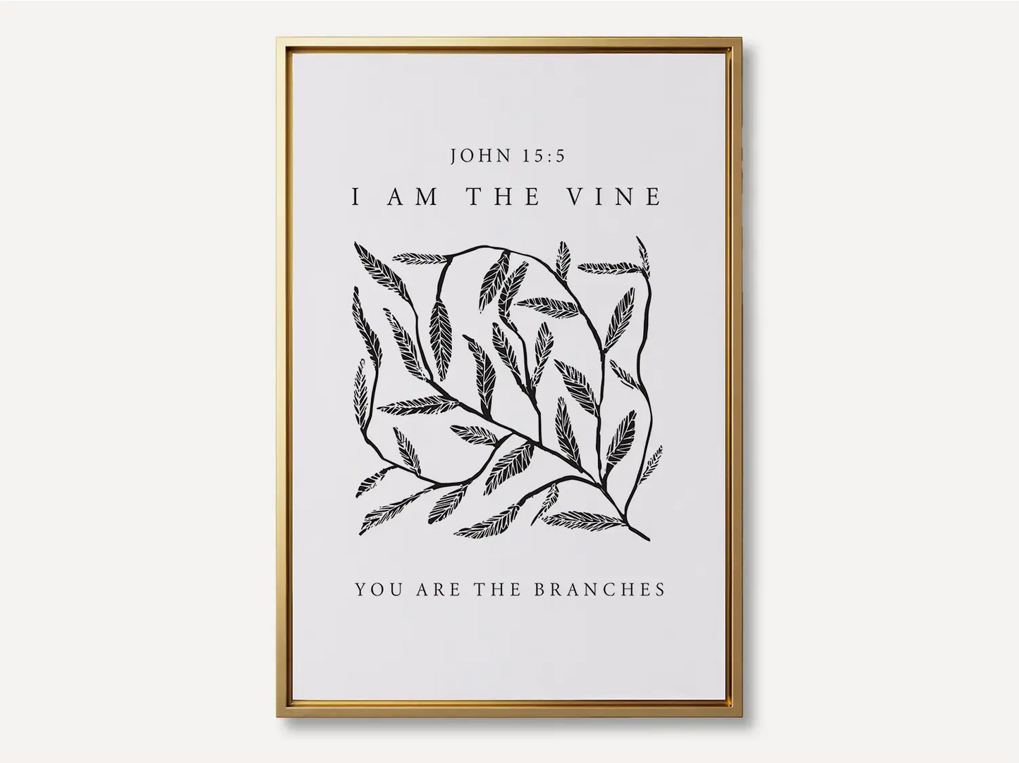 Anchor your home in the source of life and fruitfulness with this inspiring Christian canvas wall art. This framed canvas print features a modern, hand-drawn vine illustration and the essential truth from John 15:5: "I am the vine; you are the branches."