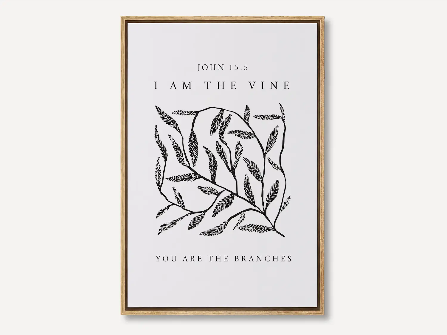 Anchor your home in the source of life and fruitfulness with this inspiring Christian canvas wall art. This framed canvas print features a modern, hand-drawn vine illustration and the essential truth from John 15:5: "I am the vine; you are the branches."