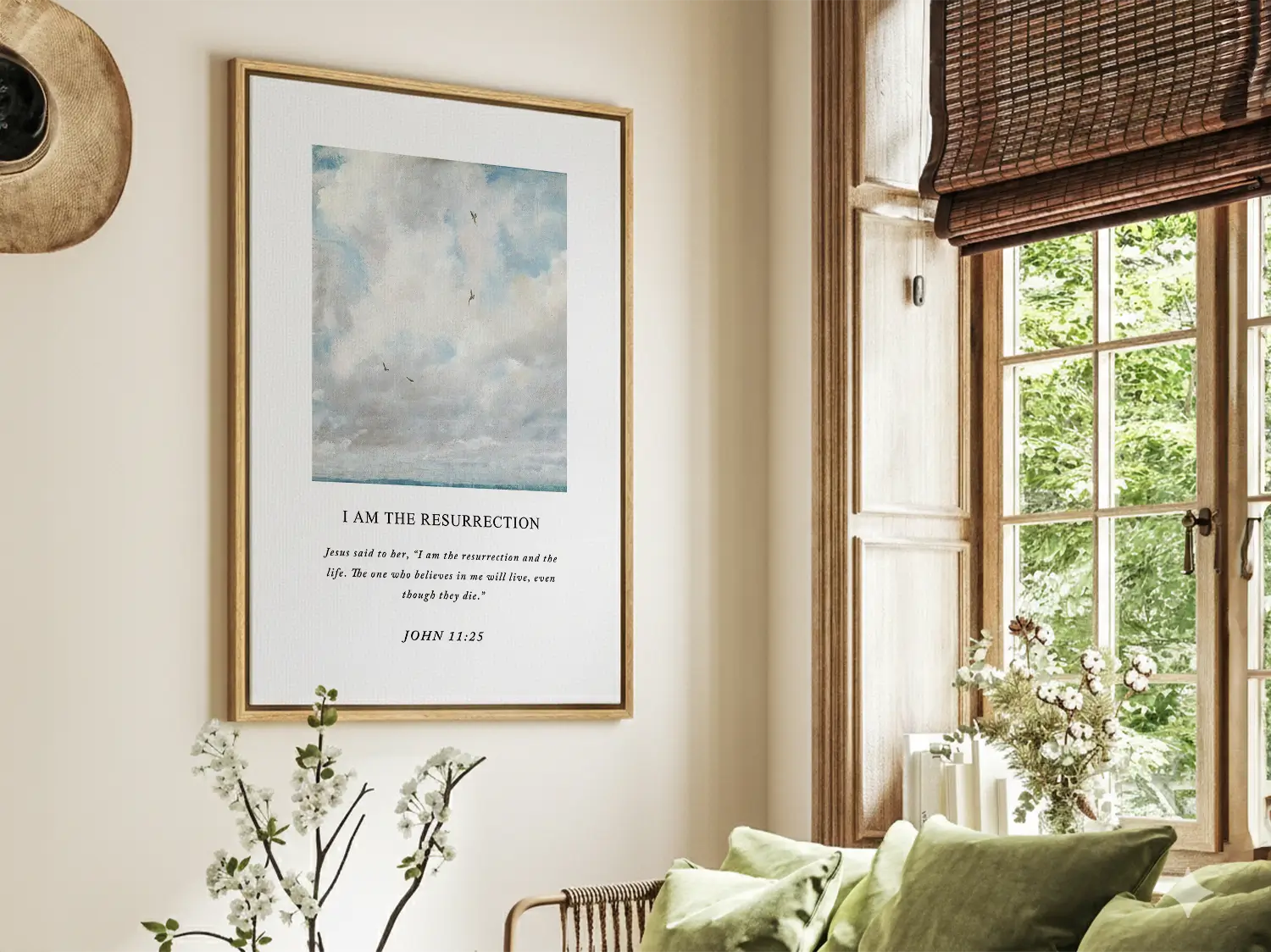 Anchor your hope in eternity with this inspiring Christian canvas wall art. This framed canvas print features a serene sky painting paired with the powerful declaration from John 11:25: "I am the resurrection and the life."