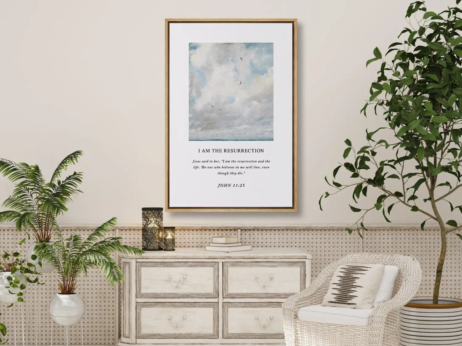 Anchor your hope in eternity with this inspiring Christian canvas wall art. This framed canvas print features a serene sky painting paired with the powerful declaration from John 11:25: "I am the resurrection and the life."