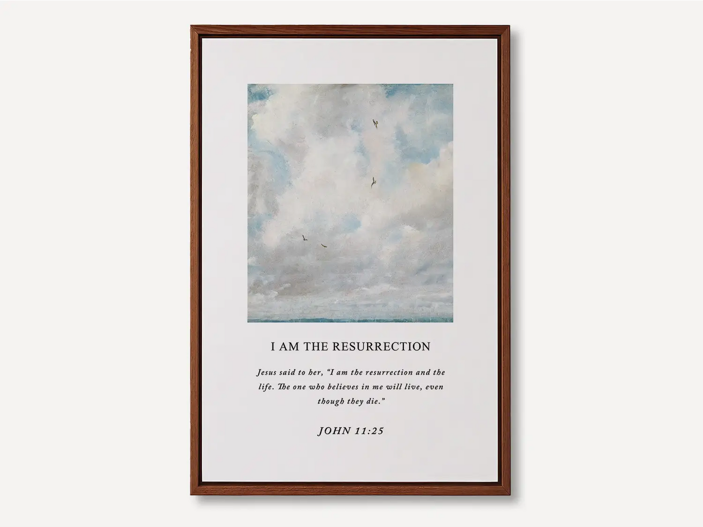 Anchor your hope in eternity with this inspiring Christian canvas wall art. This framed canvas print features a serene sky painting paired with the powerful declaration from John 11:25: "I am the resurrection and the life."