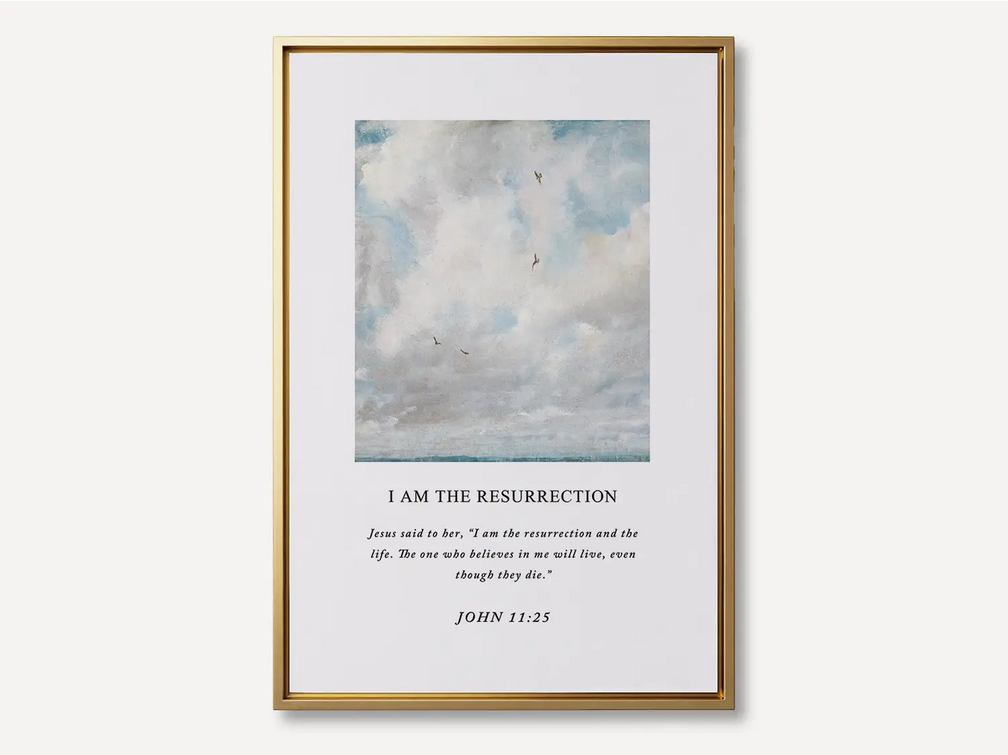 Anchor your hope in eternity with this inspiring Christian canvas wall art. This framed canvas print features a serene sky painting paired with the powerful declaration from John 11:25: "I am the resurrection and the life."