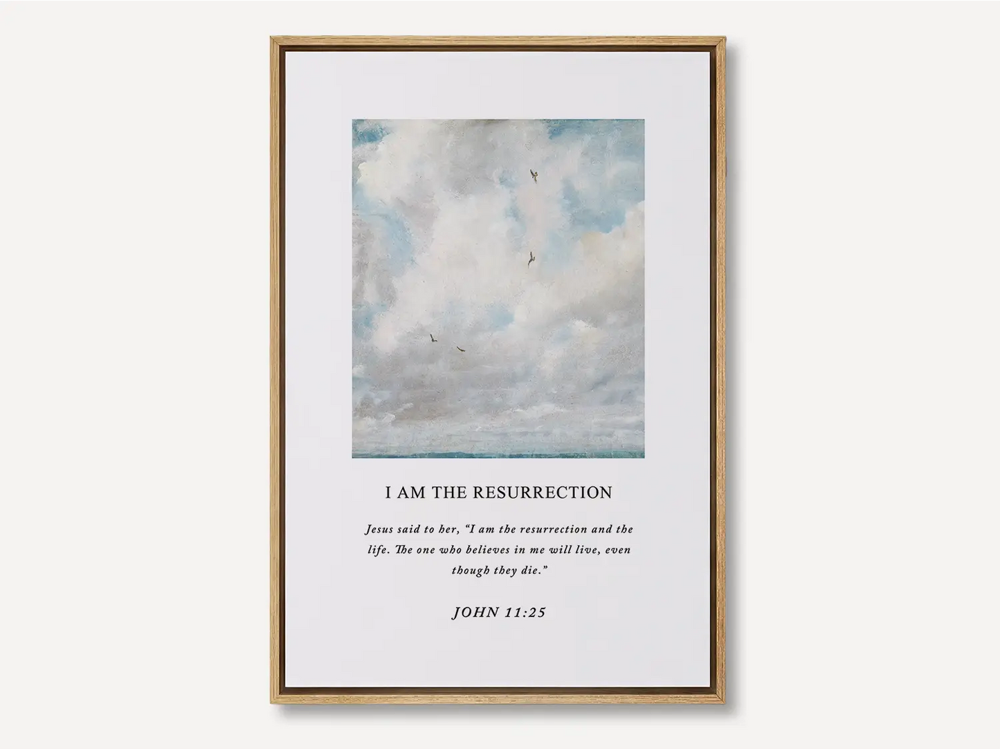 Anchor your hope in eternity with this inspiring Christian canvas wall art. This framed canvas print features a serene sky painting paired with the powerful declaration from John 11:25: "I am the resurrection and the life."