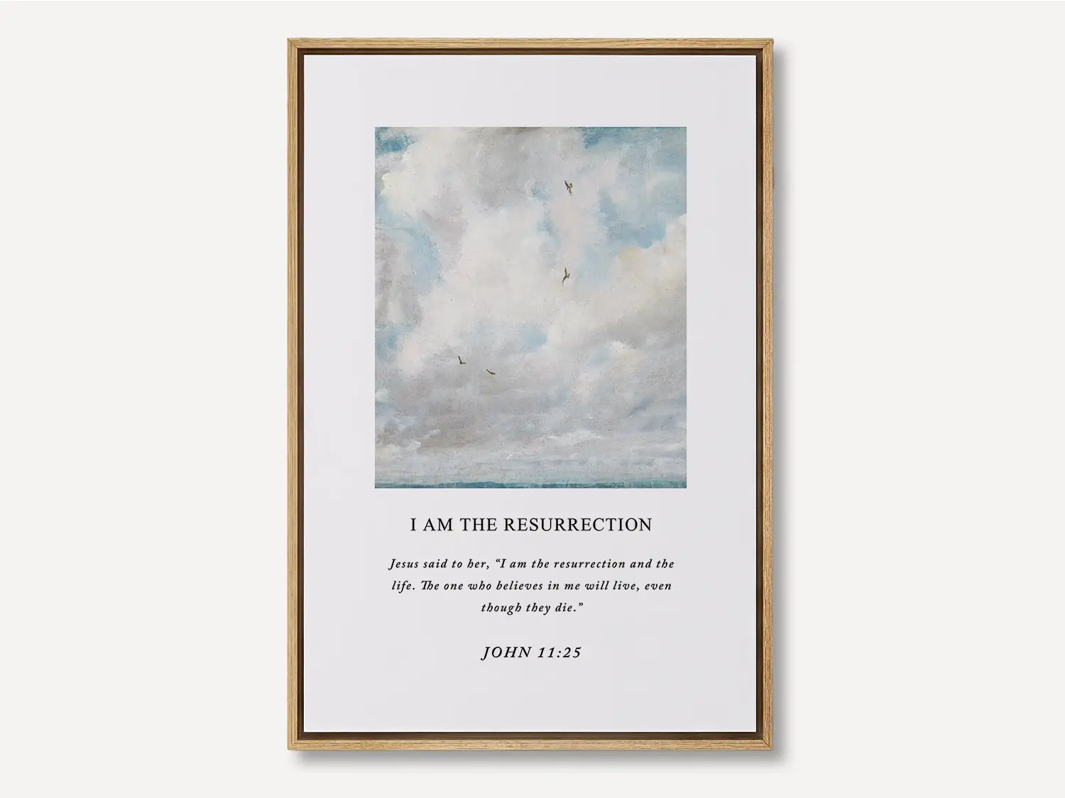 Anchor your hope in eternity with this inspiring Christian canvas wall art. This framed canvas print features a serene sky painting paired with the powerful declaration from John 11:25: "I am the resurrection and the life."