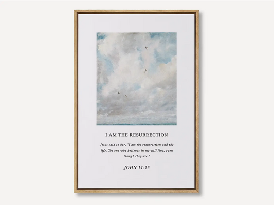 Anchor your hope in eternity with this inspiring Christian canvas wall art. This framed canvas print features a serene sky painting paired with the powerful declaration from John 11:25: "I am the resurrection and the life."