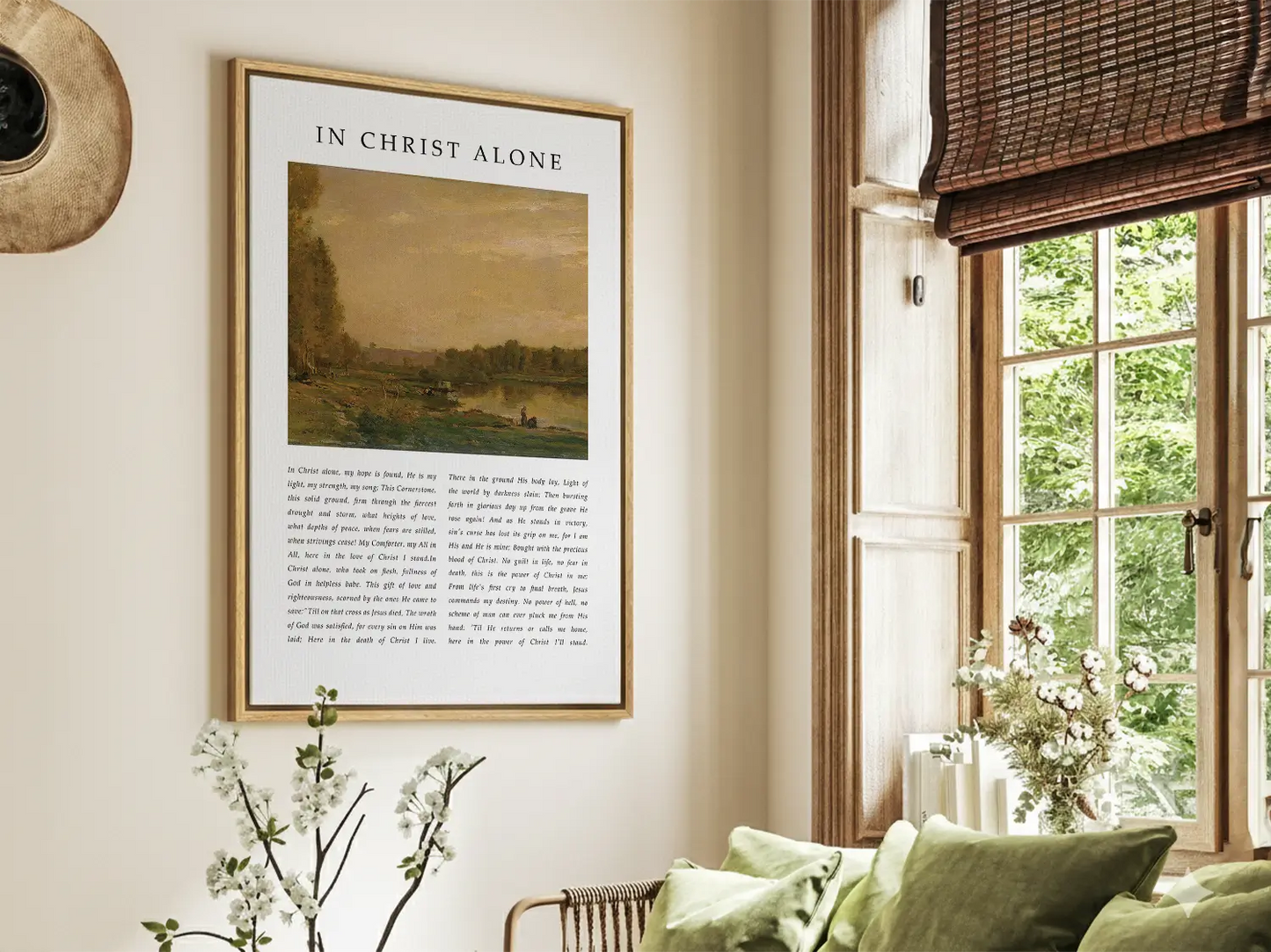 Anchor your life and hope in the solid ground of Christ with this inspiring Christian canvas wall art. This framed canvas print features the powerful, modern lyrics of "In Christ Alone," paired with a calming landscape painting.