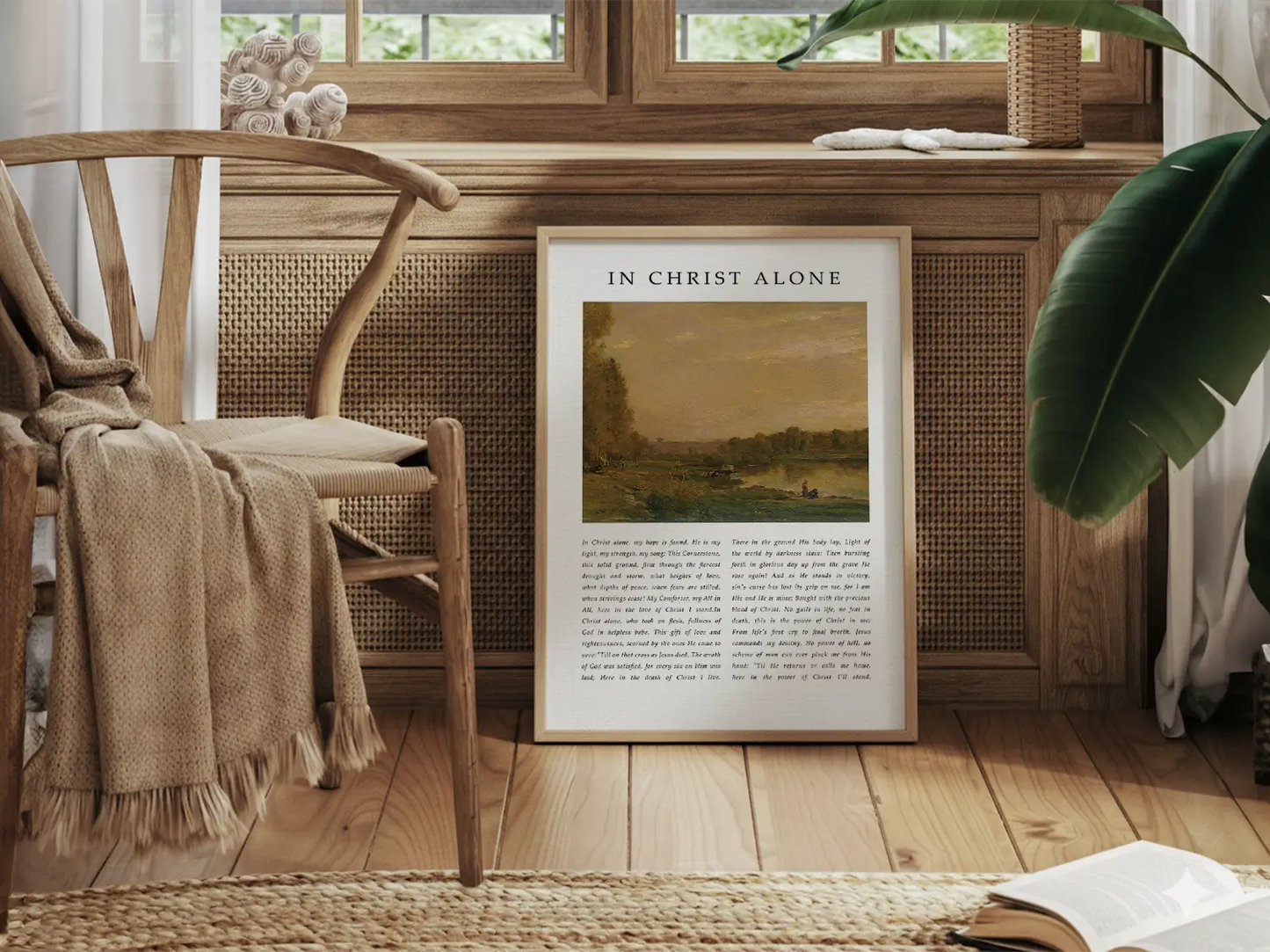 Anchor your life and hope in the solid ground of Christ with this inspiring Christian canvas wall art. This framed canvas print features the powerful, modern lyrics of "In Christ Alone," paired with a calming landscape painting.
