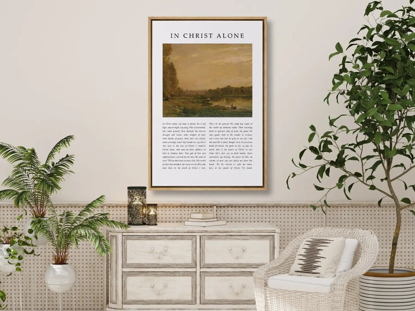 Anchor your life and hope in the solid ground of Christ with this inspiring Christian canvas wall art. This framed canvas print features the powerful, modern lyrics of "In Christ Alone," paired with a calming landscape painting.