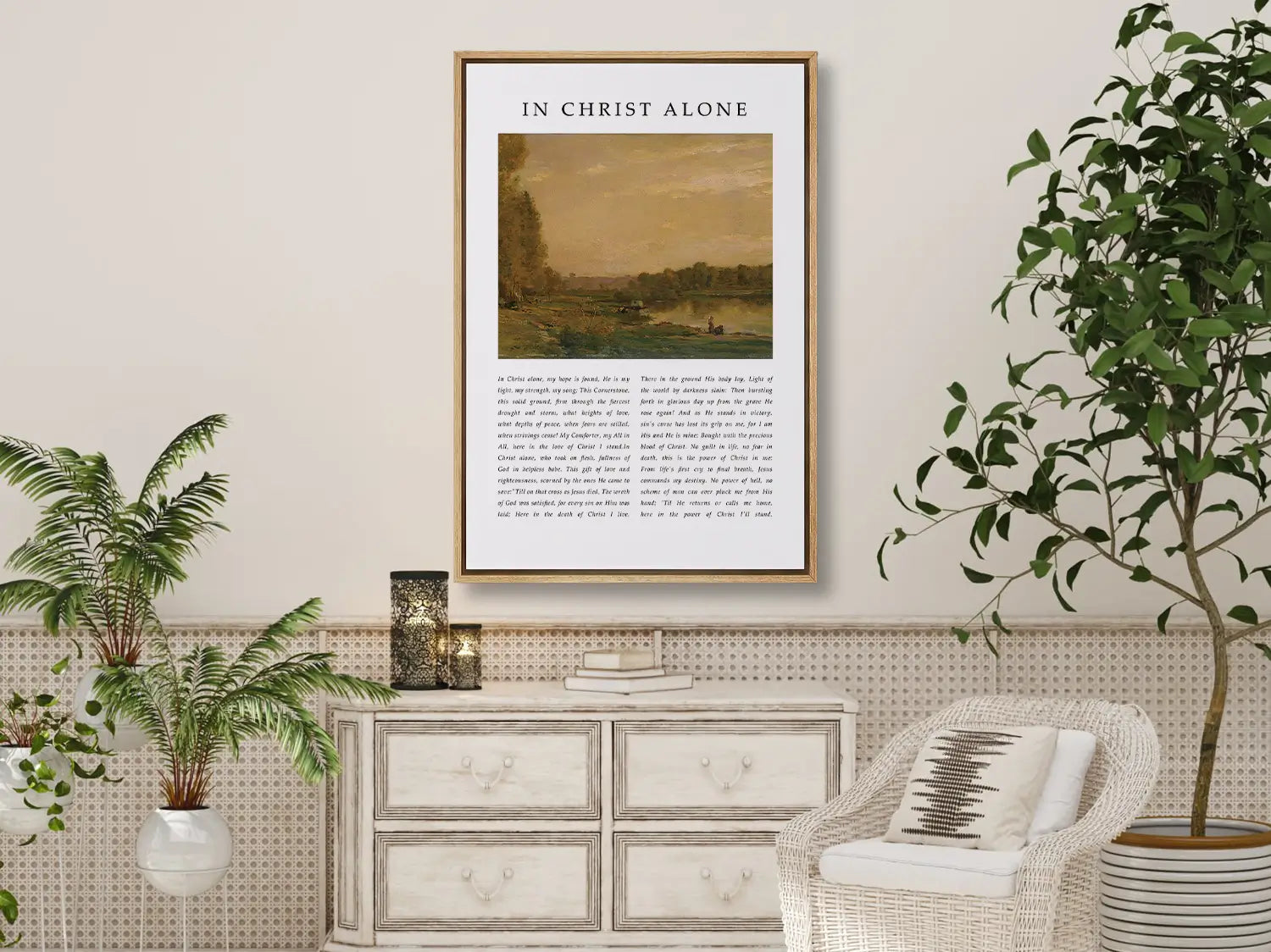 Anchor your life and hope in the solid ground of Christ with this inspiring Christian canvas wall art. This framed canvas print features the powerful, modern lyrics of "In Christ Alone," paired with a calming landscape painting.