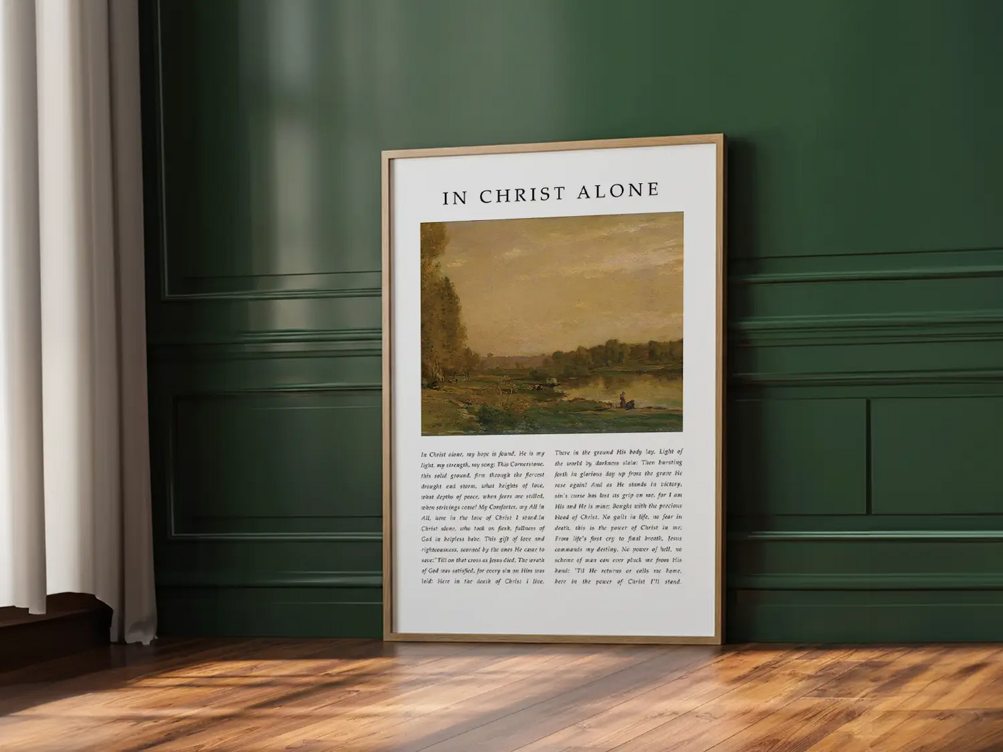 Anchor your life and hope in the solid ground of Christ with this inspiring Christian canvas wall art. This framed canvas print features the powerful, modern lyrics of "In Christ Alone," paired with a calming landscape painting.