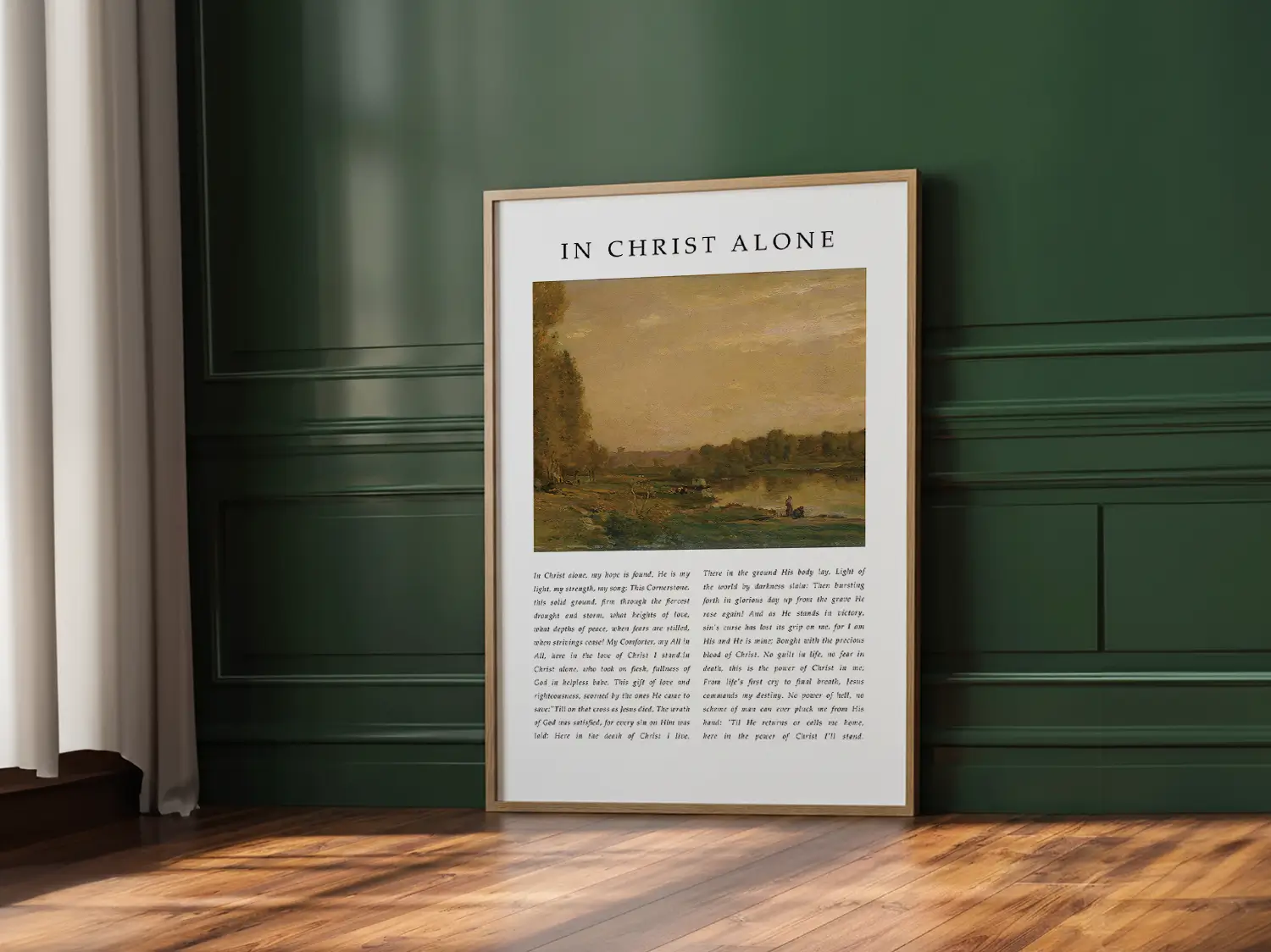 Anchor your life and hope in the solid ground of Christ with this inspiring Christian canvas wall art. This framed canvas print features the powerful, modern lyrics of "In Christ Alone," paired with a calming landscape painting.