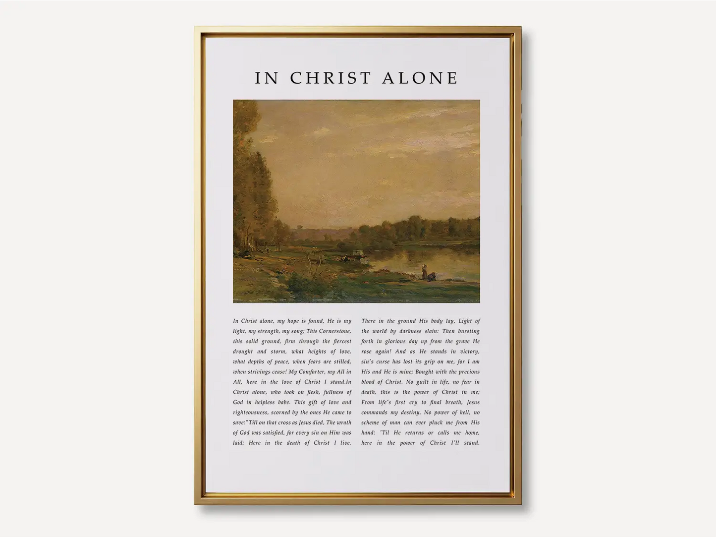 Anchor your life and hope in the solid ground of Christ with this inspiring Christian canvas wall art. This framed canvas print features the powerful, modern lyrics of "In Christ Alone," paired with a calming landscape painting.