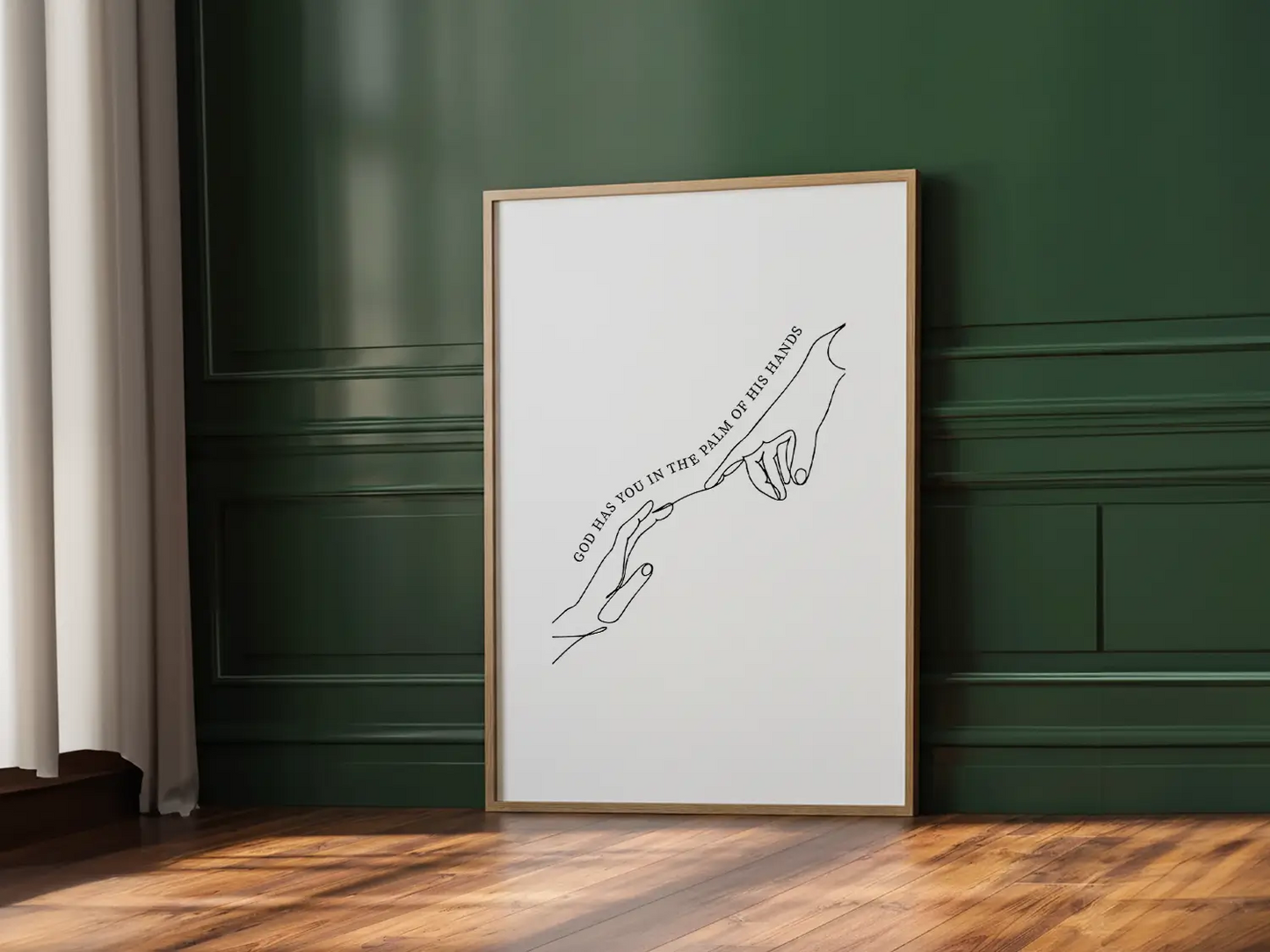 Find comfort and security in God's grasp with this inspiring Christian canvas wall art. This framed canvas print features a beautiful, modern line-art illustration of two hands meeting, highlighting the powerful promise from Isaiah 49:16: “God has you in the palm of His hands.”