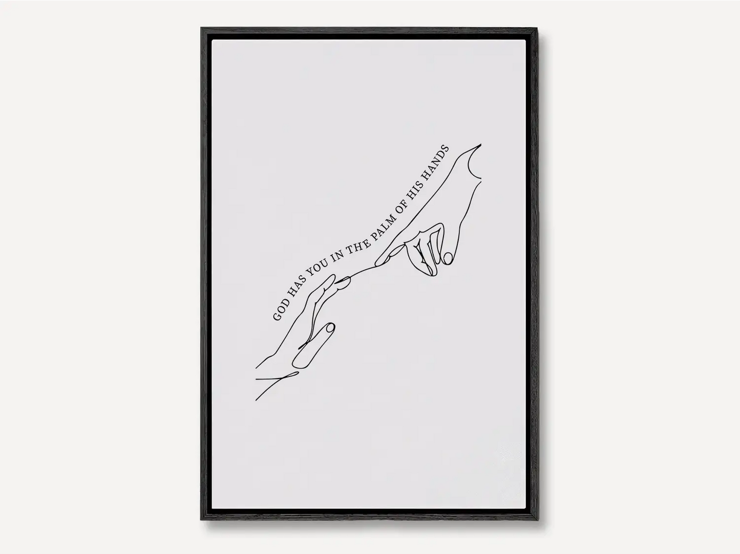 Find comfort and security in God's grasp with this inspiring Christian canvas wall art. This framed canvas print features a beautiful, modern line-art illustration of two hands meeting, highlighting the powerful promise from Isaiah 49:16: “God has you in the palm of His hands.”