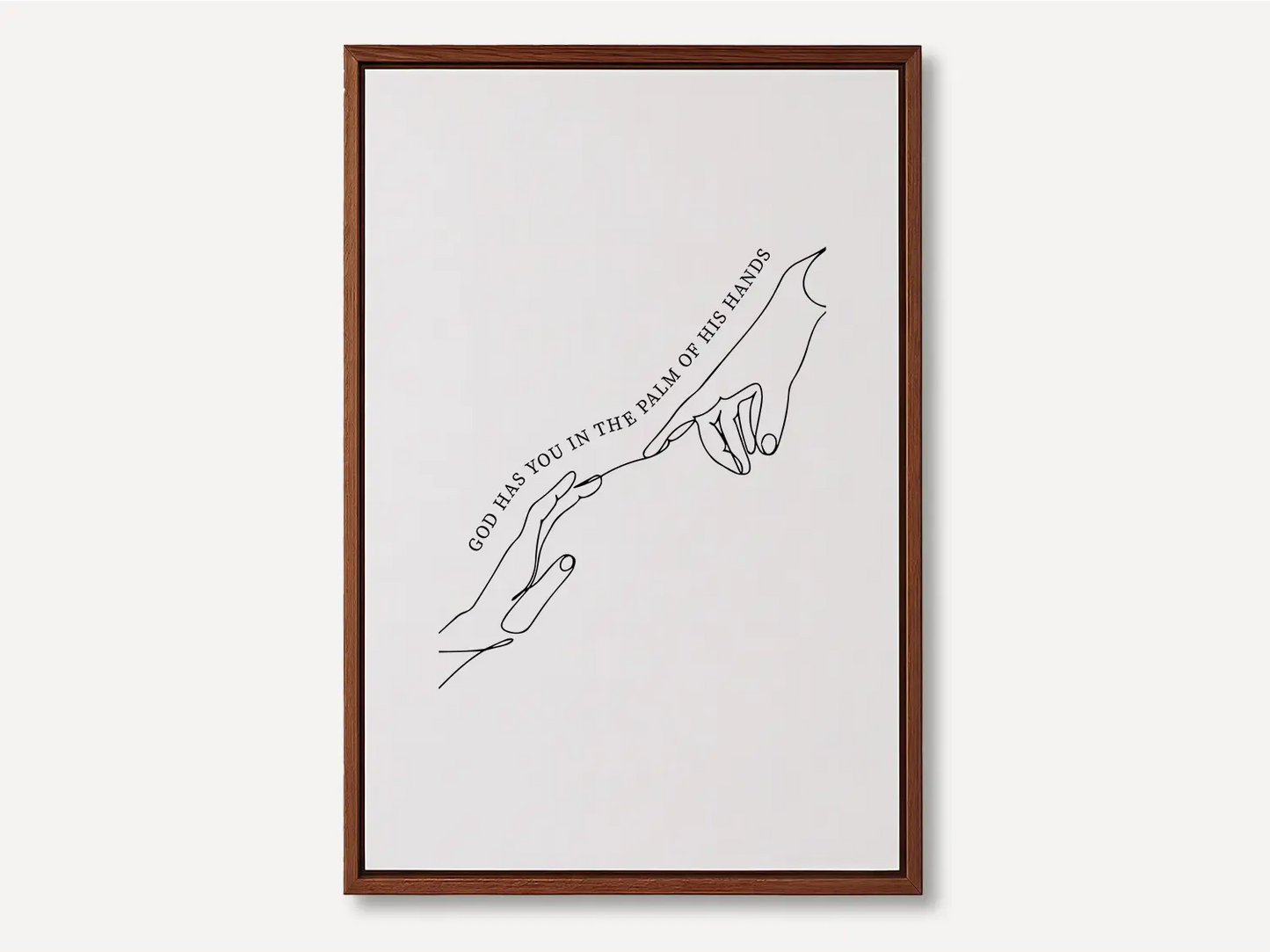Find comfort and security in God's grasp with this inspiring Christian canvas wall art. This framed canvas print features a beautiful, modern line-art illustration of two hands meeting, highlighting the powerful promise from Isaiah 49:16: “God has you in the palm of His hands.”