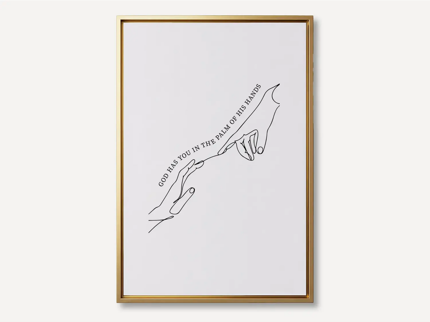 Find comfort and security in God's grasp with this inspiring Christian canvas wall art. This framed canvas print features a beautiful, modern line-art illustration of two hands meeting, highlighting the powerful promise from Isaiah 49:16: “God has you in the palm of His hands.”