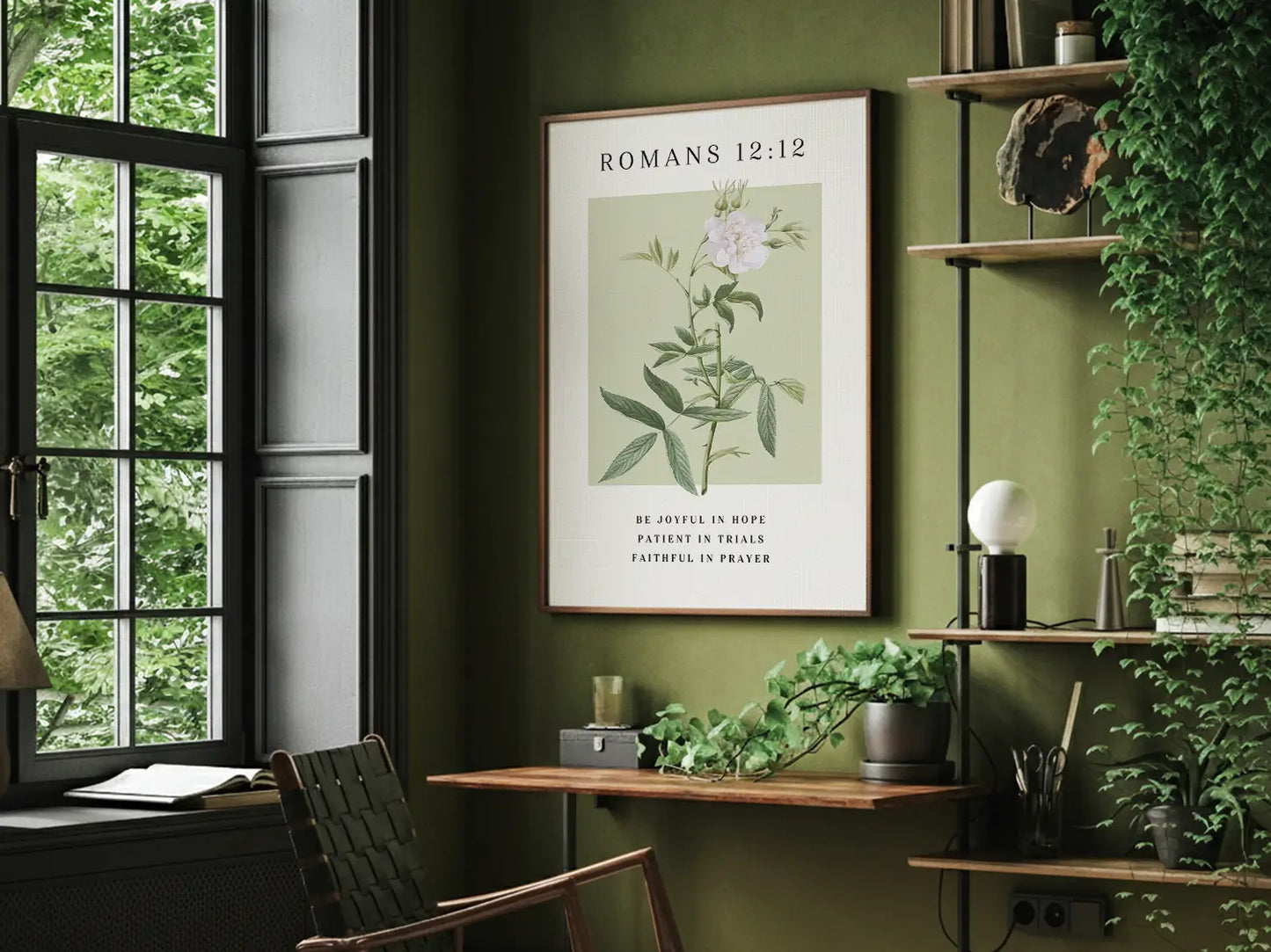 Anchor your heart in hope and resilience with this inspiring Christian canvas wall art. This framed canvas print features a calming botanical illustration paired with the powerful encouragement from Romans 12:12 to be joyful, patient, and faithful.