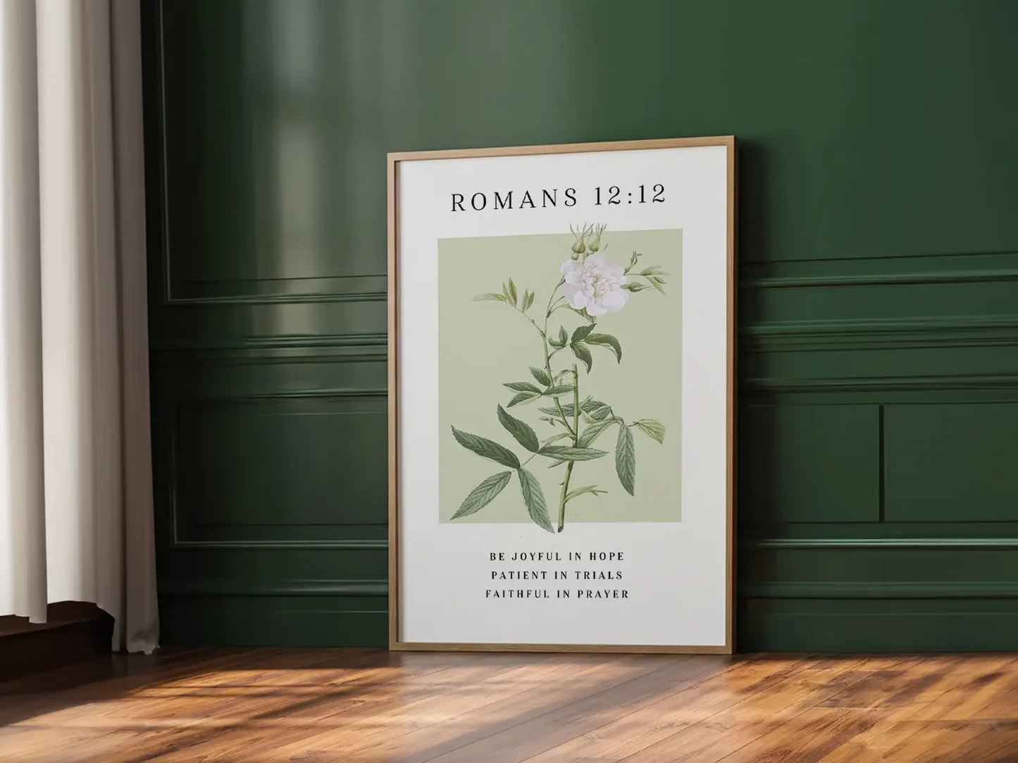 Anchor your heart in hope and resilience with this inspiring Christian canvas wall art. This framed canvas print features a calming botanical illustration paired with the powerful encouragement from Romans 12:12 to be joyful, patient, and faithful.
