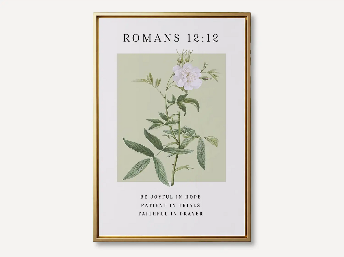 Anchor your heart in hope and resilience with this inspiring Christian canvas wall art. This framed canvas print features a calming botanical illustration paired with the powerful encouragement from Romans 12:12 to be joyful, patient, and faithful.