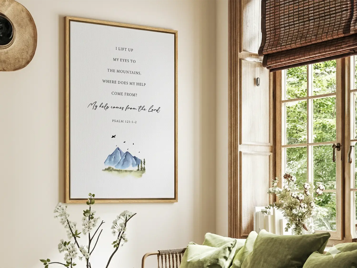 Anchor your home in the source of all strength with this inspiring Christian canvas wall art. This framed canvas print features a calming mountain watercolor paired with the powerful promise from Psalm 121:1-2: “My help comes from the Lord.”