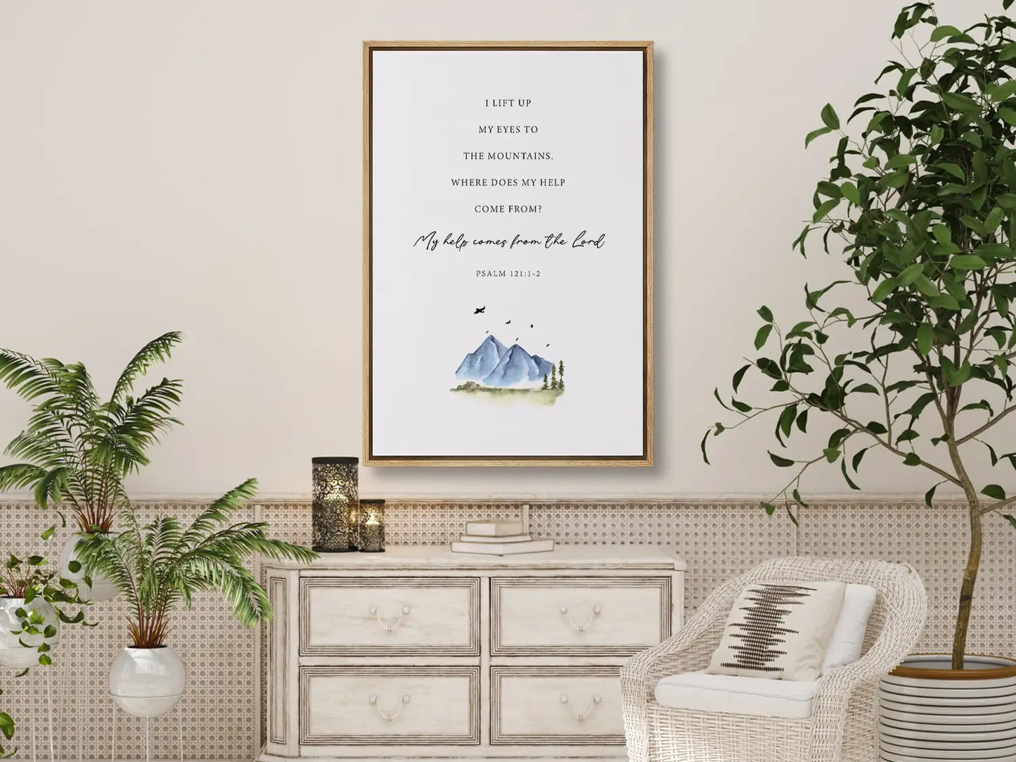 Anchor your home in the source of all strength with this inspiring Christian canvas wall art. This framed canvas print features a calming mountain watercolor paired with the powerful promise from Psalm 121:1-2: “My help comes from the Lord.”