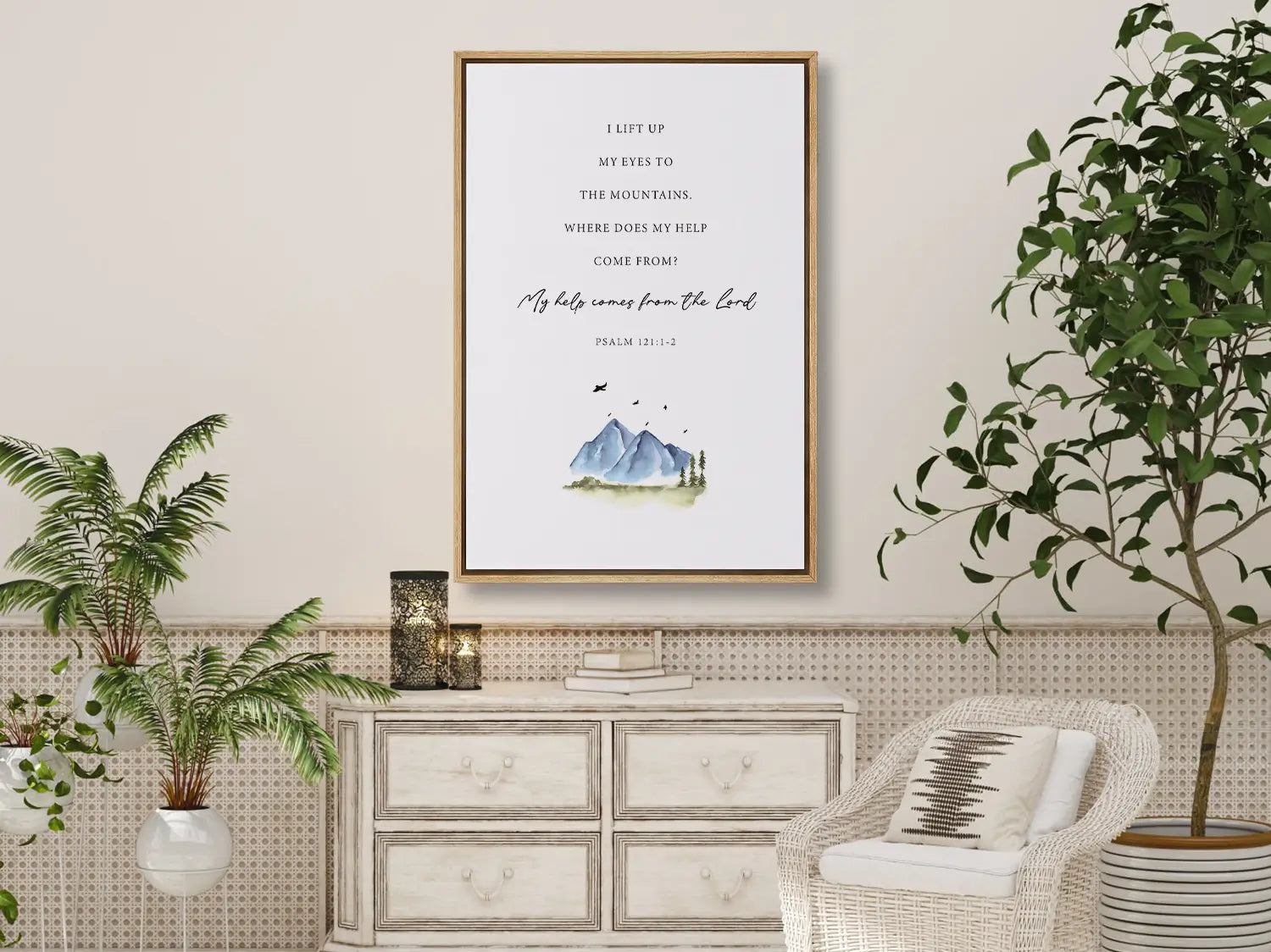 Anchor your home in the source of all strength with this inspiring Christian canvas wall art. This framed canvas print features a calming mountain watercolor paired with the powerful promise from Psalm 121:1-2: “My help comes from the Lord.”