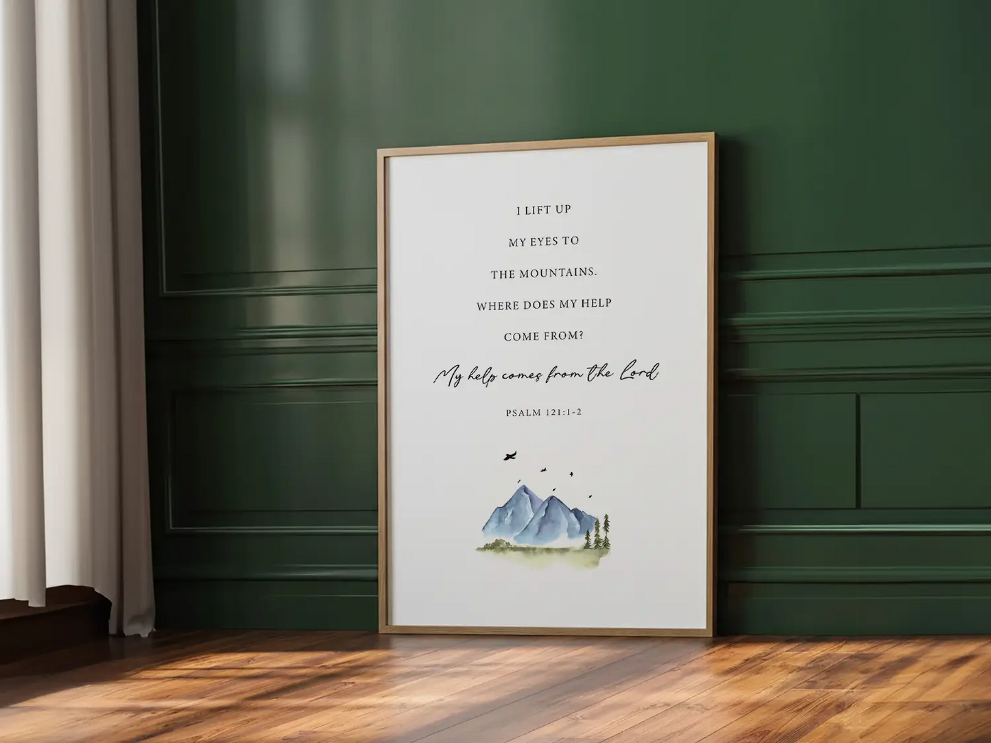 Anchor your home in the source of all strength with this inspiring Christian canvas wall art. This framed canvas print features a calming mountain watercolor paired with the powerful promise from Psalm 121:1-2: “My help comes from the Lord.”