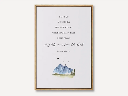 Anchor your home in the source of all strength with this inspiring Christian canvas wall art. This framed canvas print features a calming mountain watercolor paired with the powerful promise from Psalm 121:1-2: “My help comes from the Lord.”