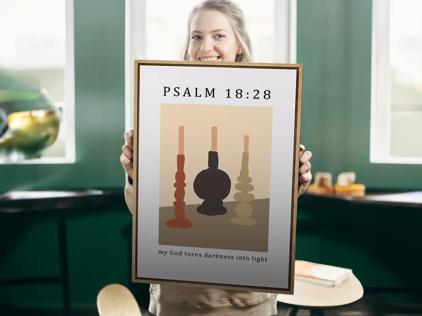Find hope and light in every shadow with this inspiring Christian canvas wall art. This framed canvas print features a modern, abstract design of lit candles and the powerful promise from Psalm 18:28: "my God turns darkness into light."