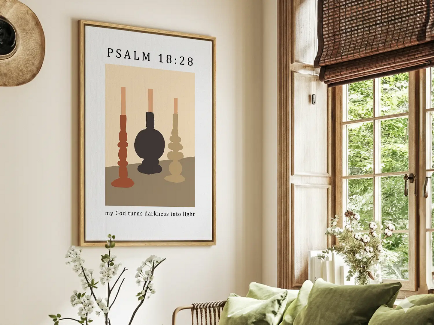Find hope and light in every shadow with this inspiring Christian canvas wall art. This framed canvas print features a modern, abstract design of lit candles and the powerful promise from Psalm 18:28: "my God turns darkness into light."