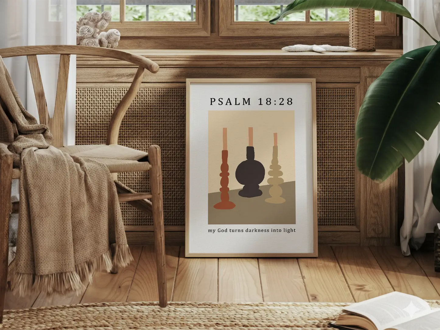 Find hope and light in every shadow with this inspiring Christian canvas wall art. This framed canvas print features a modern, abstract design of lit candles and the powerful promise from Psalm 18:28: "my God turns darkness into light."