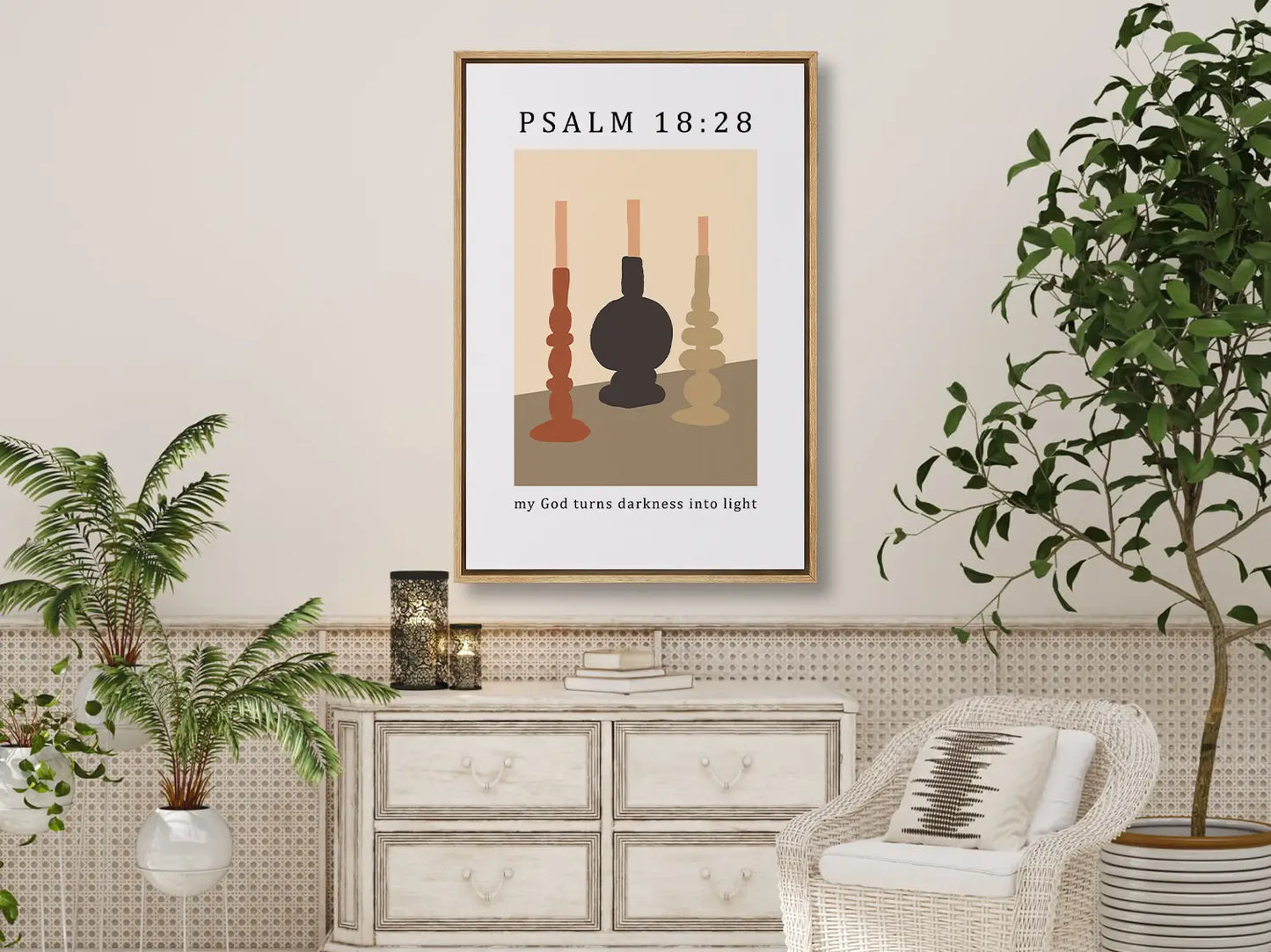 Find hope and light in every shadow with this inspiring Christian canvas wall art. This framed canvas print features a modern, abstract design of lit candles and the powerful promise from Psalm 18:28: "my God turns darkness into light."