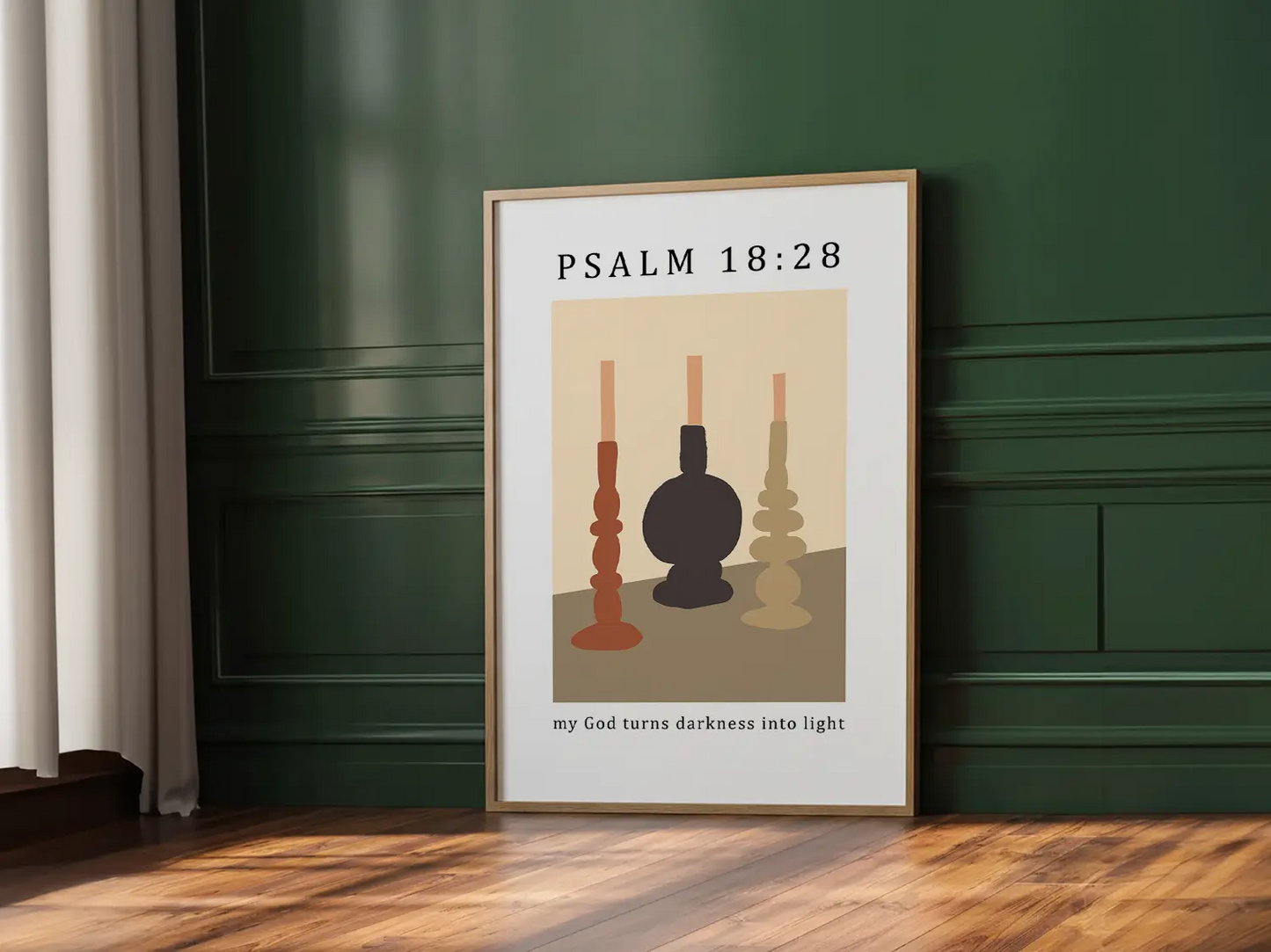 Find hope and light in every shadow with this inspiring Christian canvas wall art. This framed canvas print features a modern, abstract design of lit candles and the powerful promise from Psalm 18:28: "my God turns darkness into light."