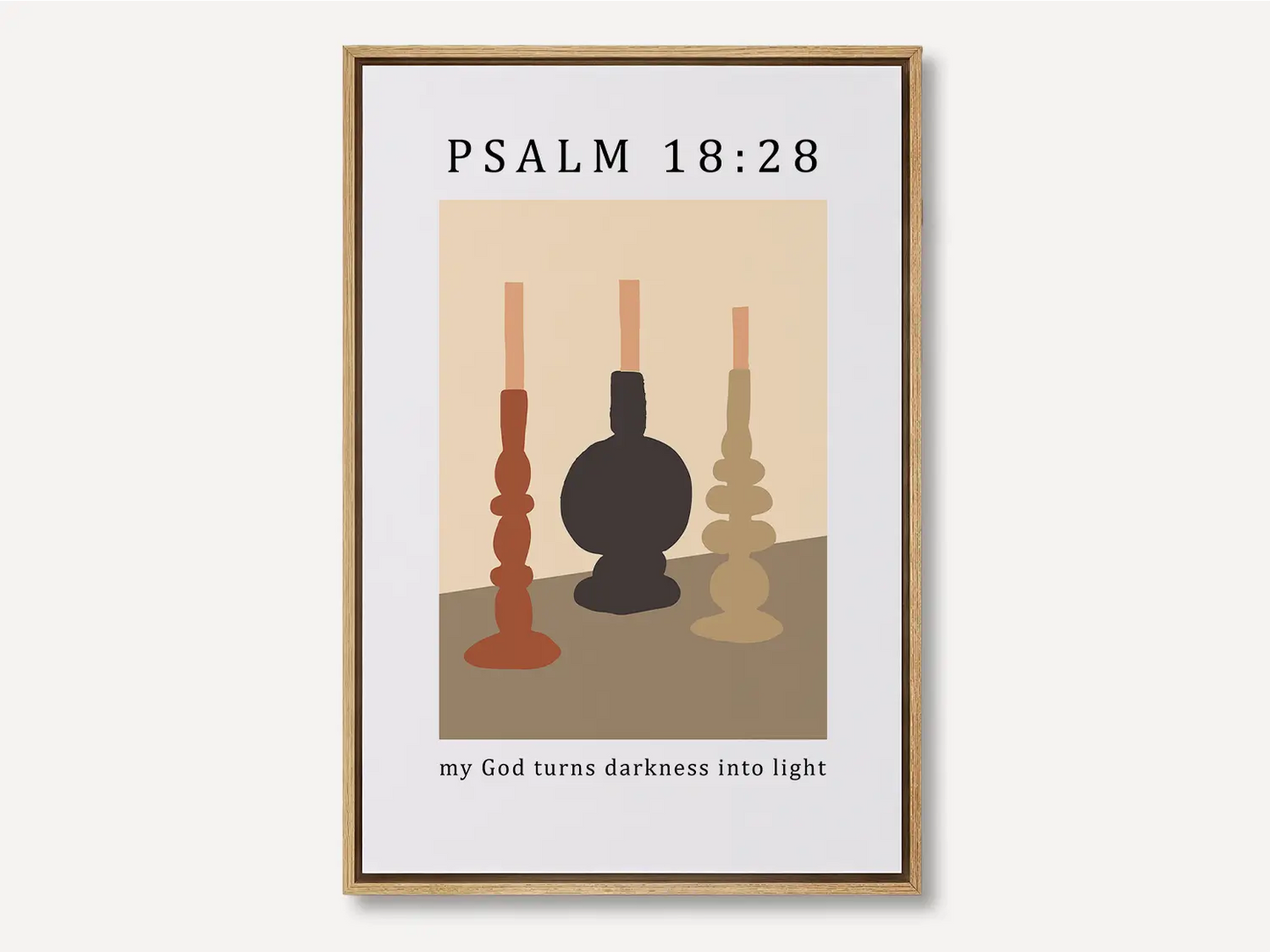 Find hope and light in every shadow with this inspiring Christian canvas wall art. This framed canvas print features a modern, abstract design of lit candles and the powerful promise from Psalm 18:28: "my God turns darkness into light."