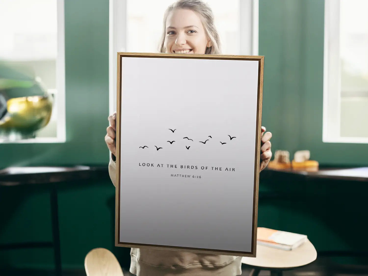 Invite the gentle wisdom of God's perfect care into your home with this inspiring Christian canvas wall art. This framed canvas print features a peaceful, minimalist design of flying birds and the comforting teaching from Matthew 6:26.
