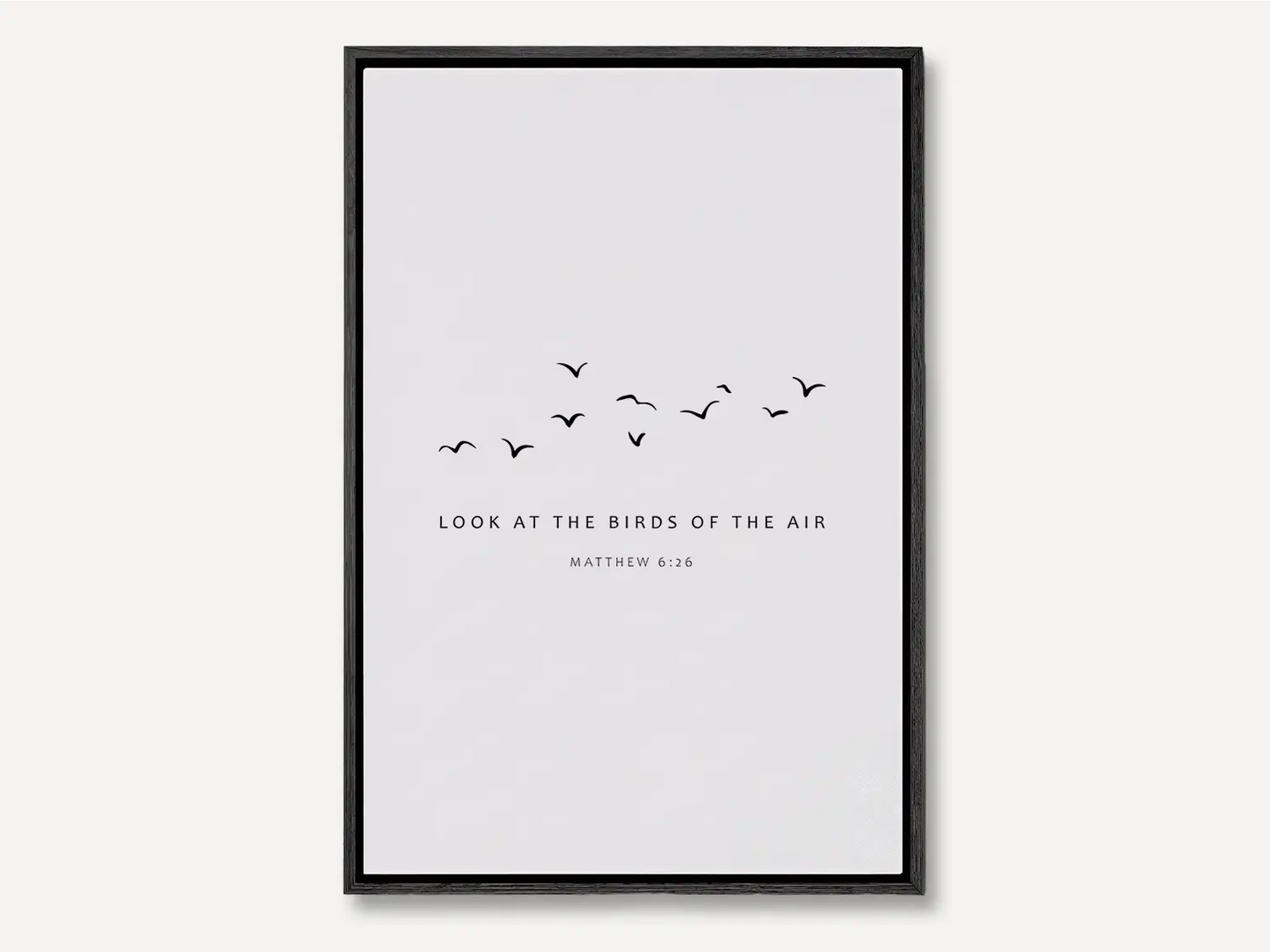 Invite the gentle wisdom of God's perfect care into your home with this inspiring Christian canvas wall art. This framed canvas print features a peaceful, minimalist design of flying birds and the comforting teaching from Matthew 6:26.