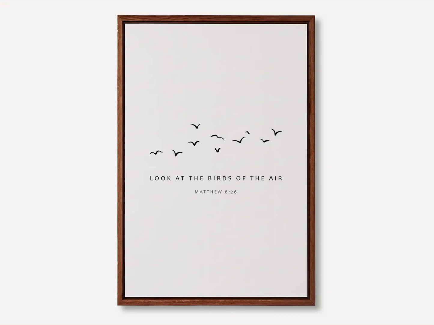 Invite the gentle wisdom of God's perfect care into your home with this inspiring Christian canvas wall art. This framed canvas print features a peaceful, minimalist design of flying birds and the comforting teaching from Matthew 6:26.