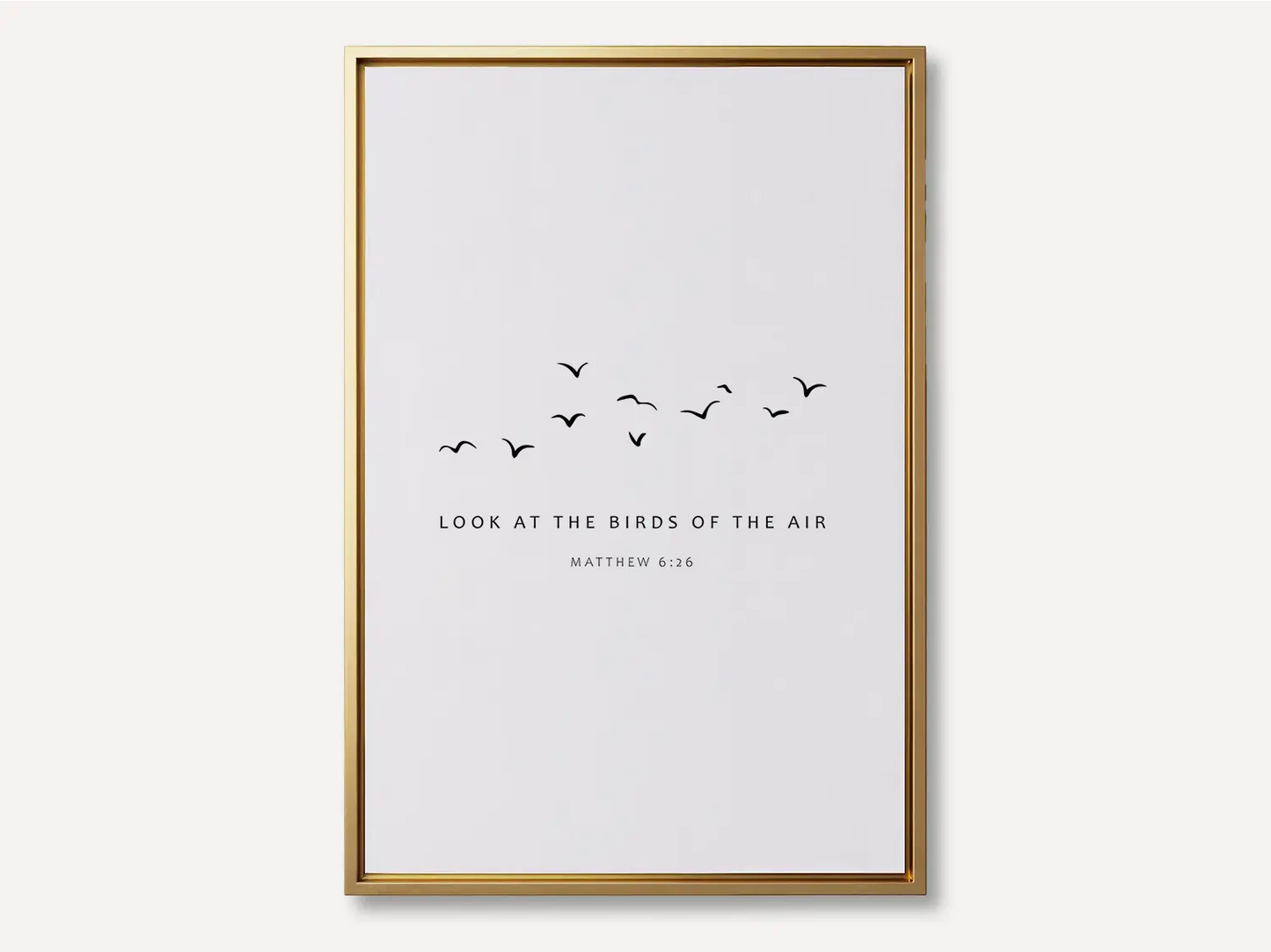 Invite the gentle wisdom of God's perfect care into your home with this inspiring Christian canvas wall art. This framed canvas print features a peaceful, minimalist design of flying birds and the comforting teaching from Matthew 6:26.
