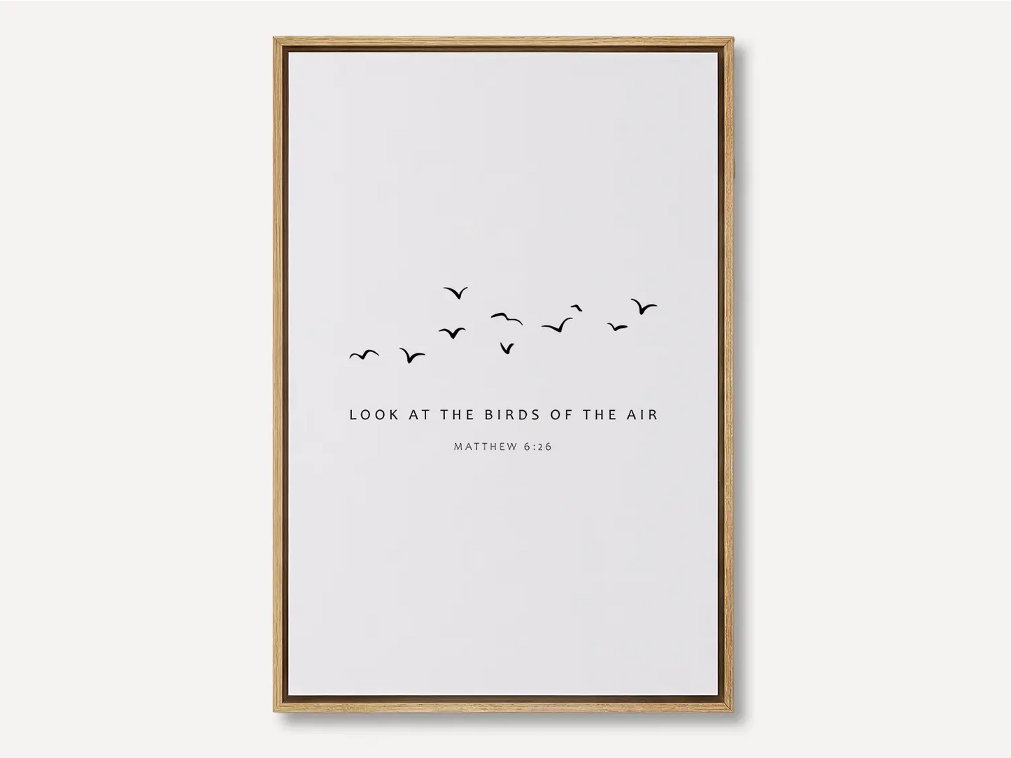 Invite the gentle wisdom of God's perfect care into your home with this inspiring Christian canvas wall art. This framed canvas print features a peaceful, minimalist design of flying birds and the comforting teaching from Matthew 6:26.