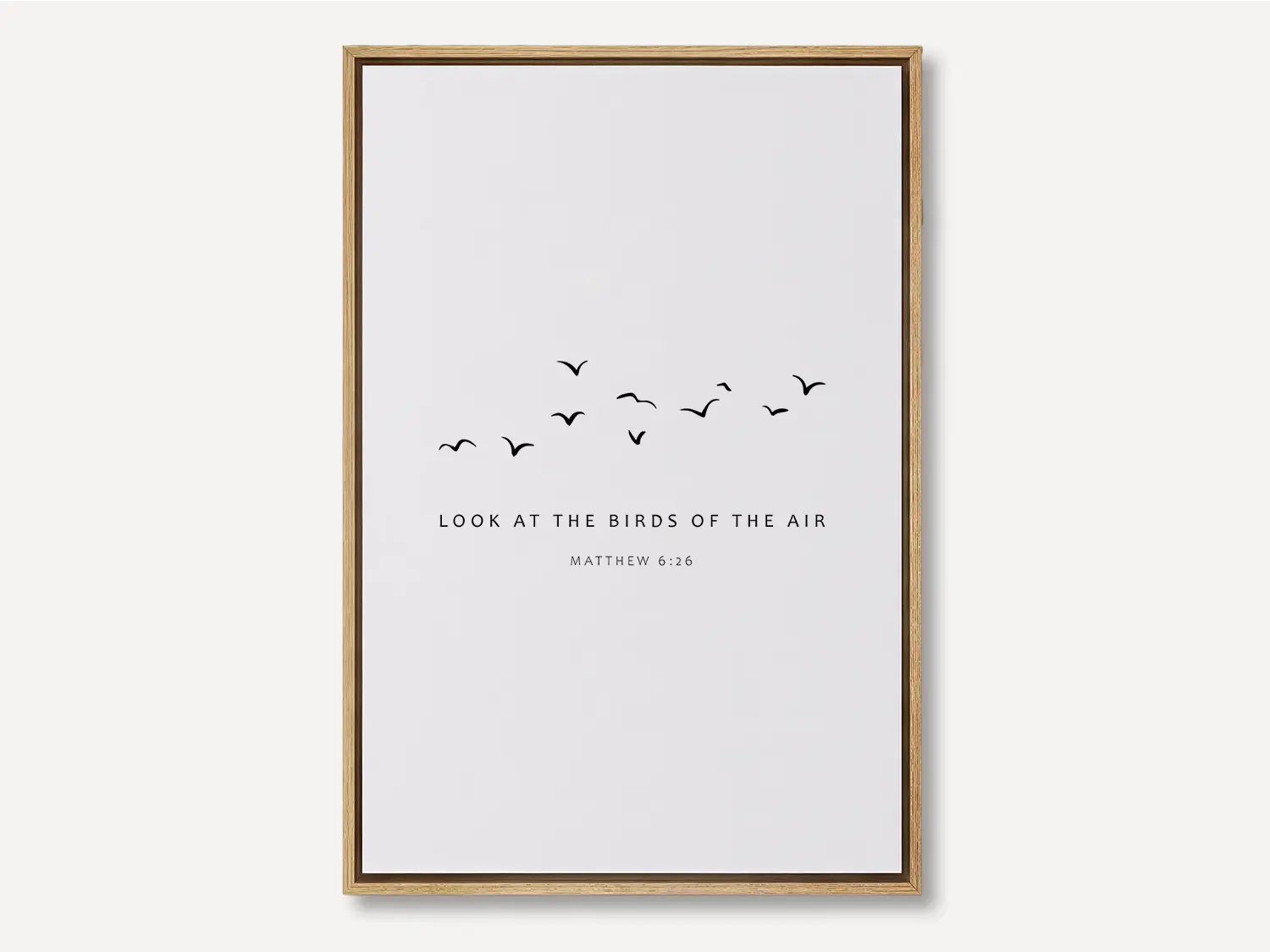 Invite the gentle wisdom of God's perfect care into your home with this inspiring Christian canvas wall art. This framed canvas print features a peaceful, minimalist design of flying birds and the comforting teaching from Matthew 6:26.