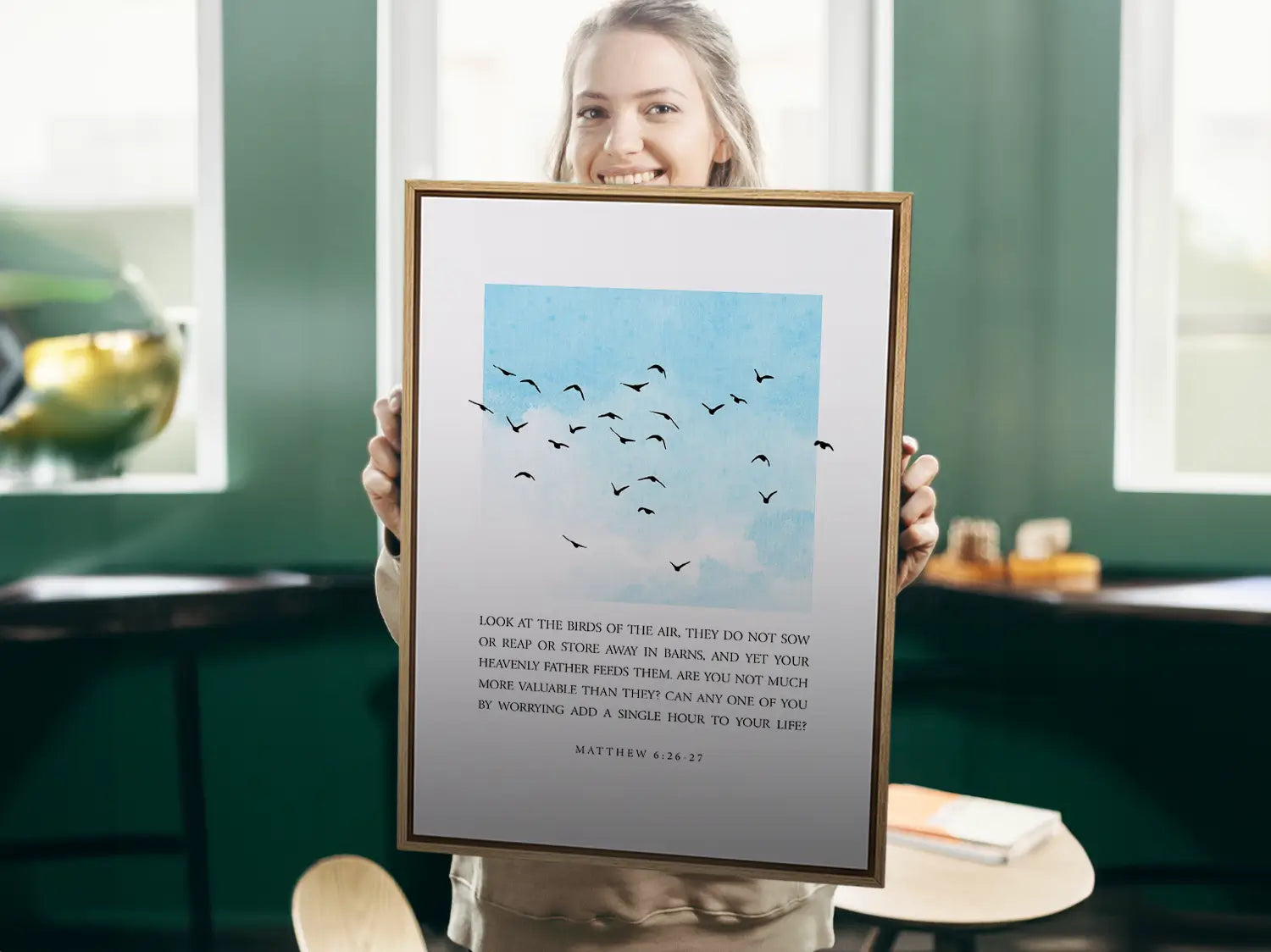 Anchor your heart in the gentle wisdom of Christ's provision with this inspiring Christian canvas wall art. This framed canvas print features a calming sky and bird design, paired with the full, comforting teaching from Matthew 6:26-27 on trusting God.