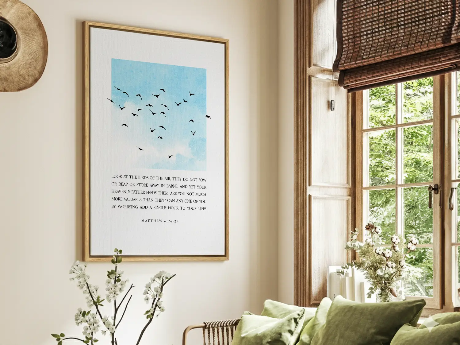 Anchor your heart in the gentle wisdom of Christ's provision with this inspiring Christian canvas wall art. This framed canvas print features a calming sky and bird design, paired with the full, comforting teaching from Matthew 6:26-27 on trusting God.