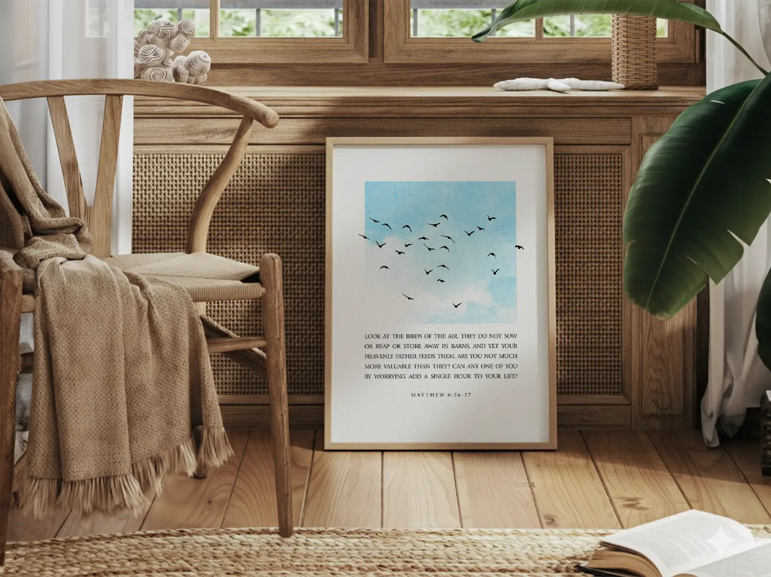 Anchor your heart in the gentle wisdom of Christ's provision with this inspiring Christian canvas wall art. This framed canvas print features a calming sky and bird design, paired with the full, comforting teaching from Matthew 6:26-27 on trusting God.