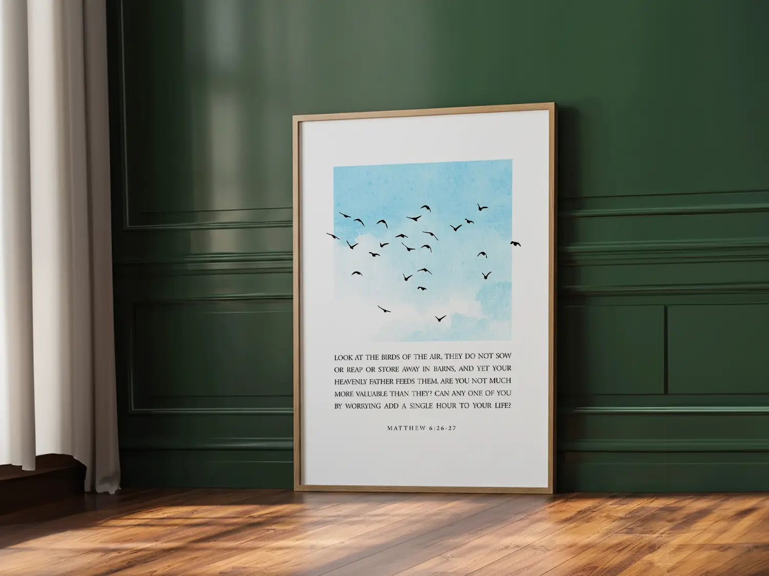 Anchor your heart in the gentle wisdom of Christ's provision with this inspiring Christian canvas wall art. This framed canvas print features a calming sky and bird design, paired with the full, comforting teaching from Matthew 6:26-27 on trusting God.