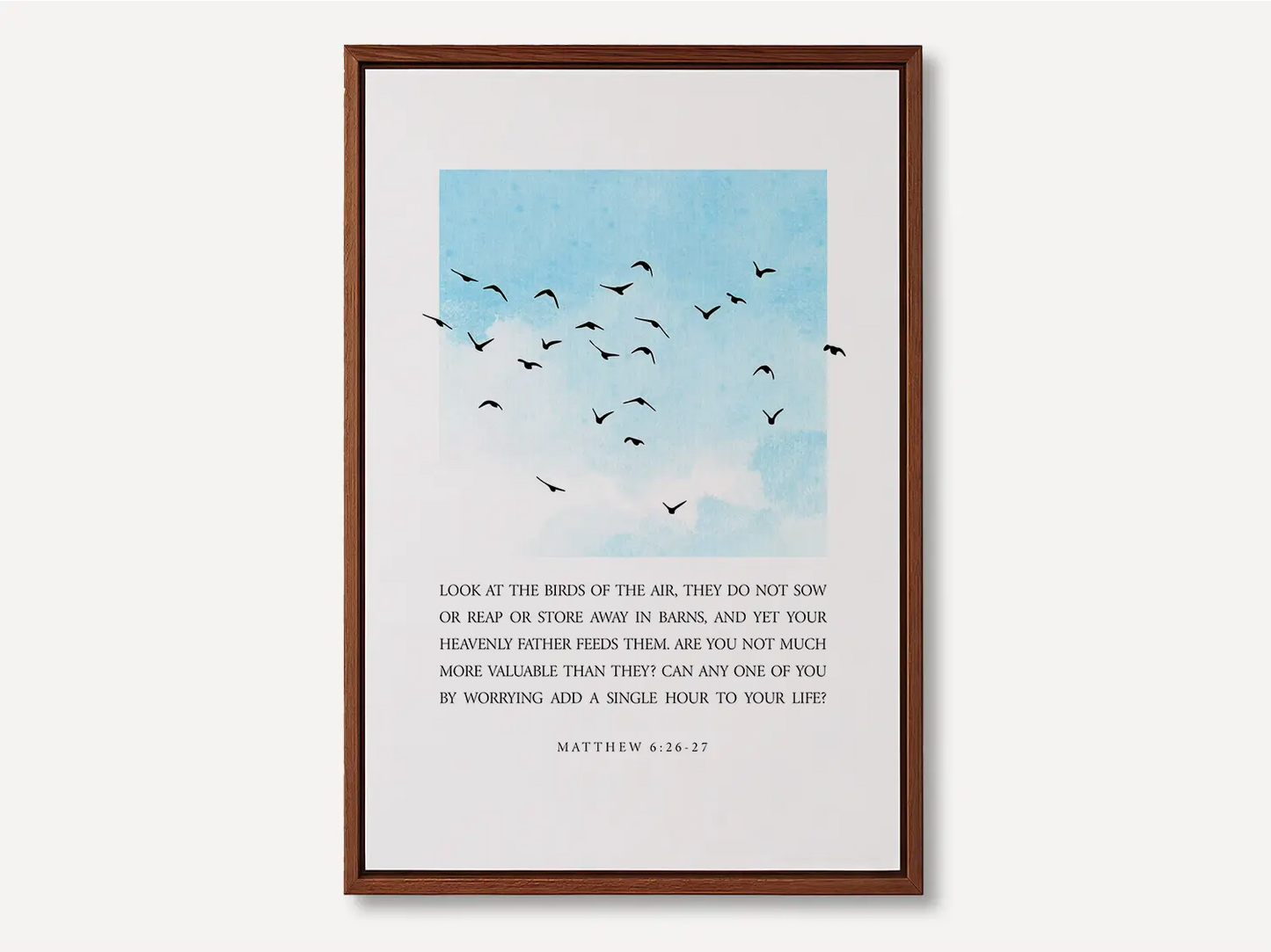 Anchor your heart in the gentle wisdom of Christ's provision with this inspiring Christian canvas wall art. This framed canvas print features a calming sky and bird design, paired with the full, comforting teaching from Matthew 6:26-27 on trusting God.