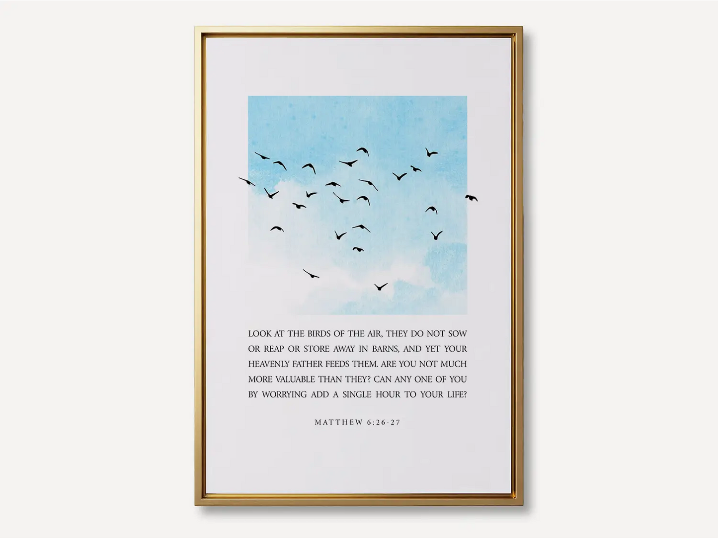 Anchor your heart in the gentle wisdom of Christ's provision with this inspiring Christian canvas wall art. This framed canvas print features a calming sky and bird design, paired with the full, comforting teaching from Matthew 6:26-27 on trusting God.