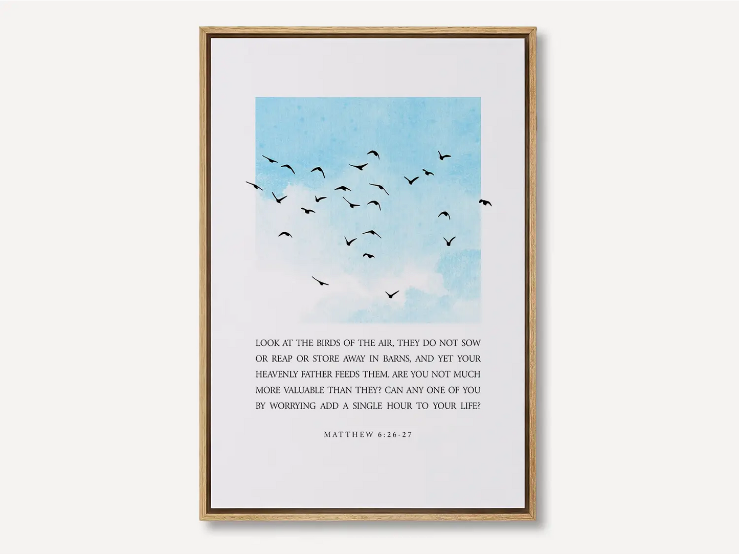 Anchor your heart in the gentle wisdom of Christ's provision with this inspiring Christian canvas wall art. This framed canvas print features a calming sky and bird design, paired with the full, comforting teaching from Matthew 6:26-27 on trusting God.