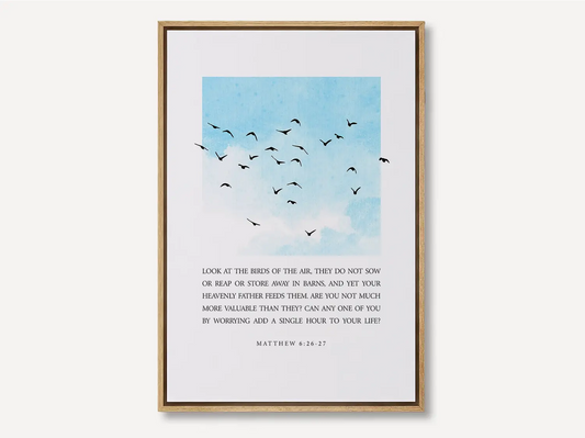Anchor your heart in the gentle wisdom of Christ's provision with this inspiring Christian canvas wall art. This framed canvas print features a calming sky and bird design, paired with the full, comforting teaching from Matthew 6:26-27 on trusting God.