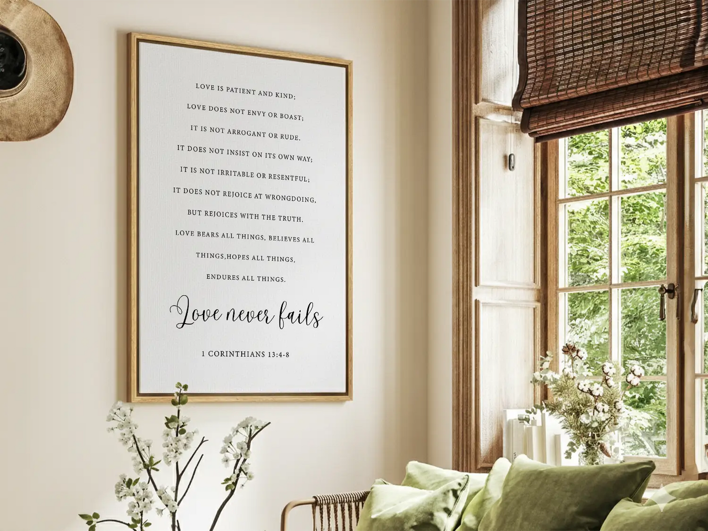 Anchor your home in Christ's unwavering love with this inspiring Christian canvas wall art. This framed canvas print features the complete, profound text of 1 Corinthians 13:4-8, highlighting the powerful truth that Love never fails.